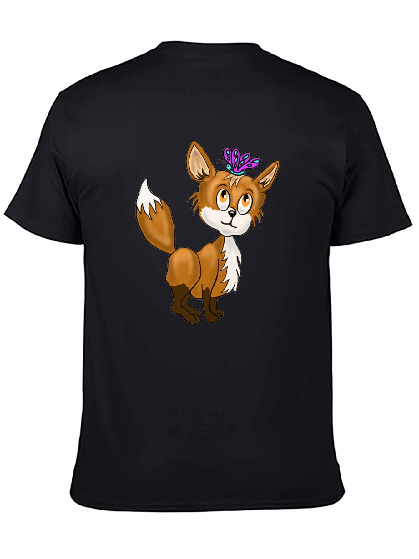Fox & Butterfly Graphic Tee - Black Cotton T-Shirt