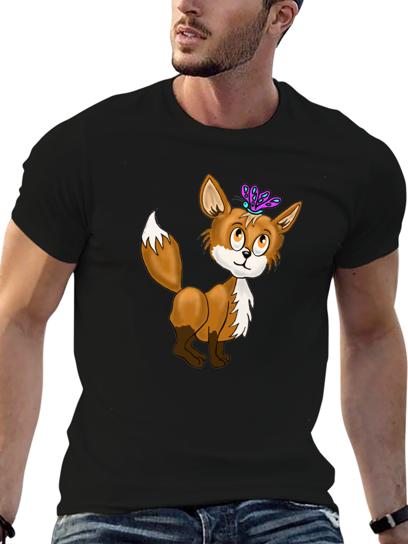 Fox & Butterfly Graphic Tee - Black Cotton T-Shirt