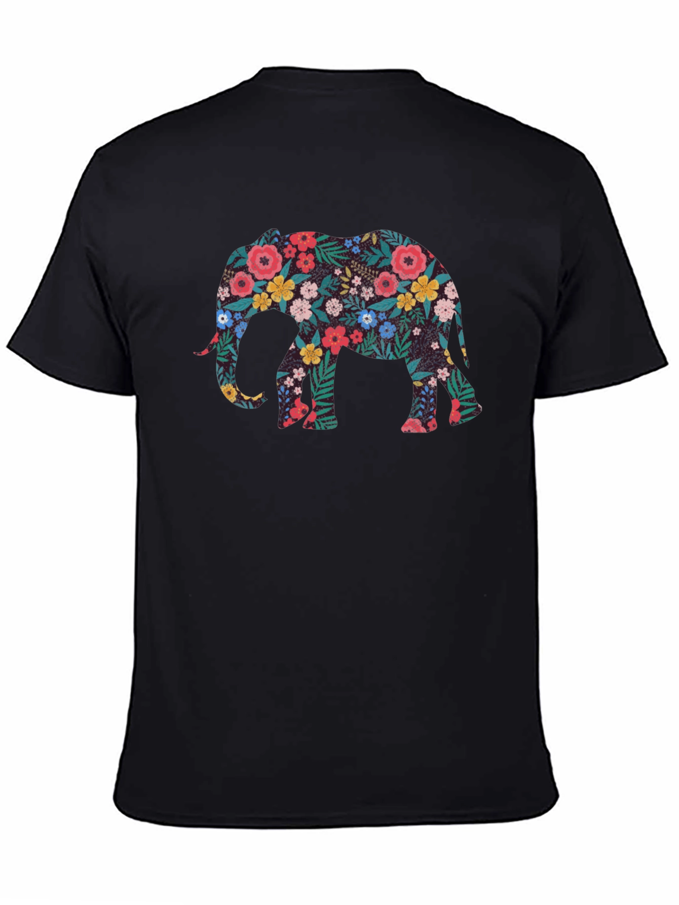 Floral Elephant Graphic Tee - Black Cotton T-Shirt