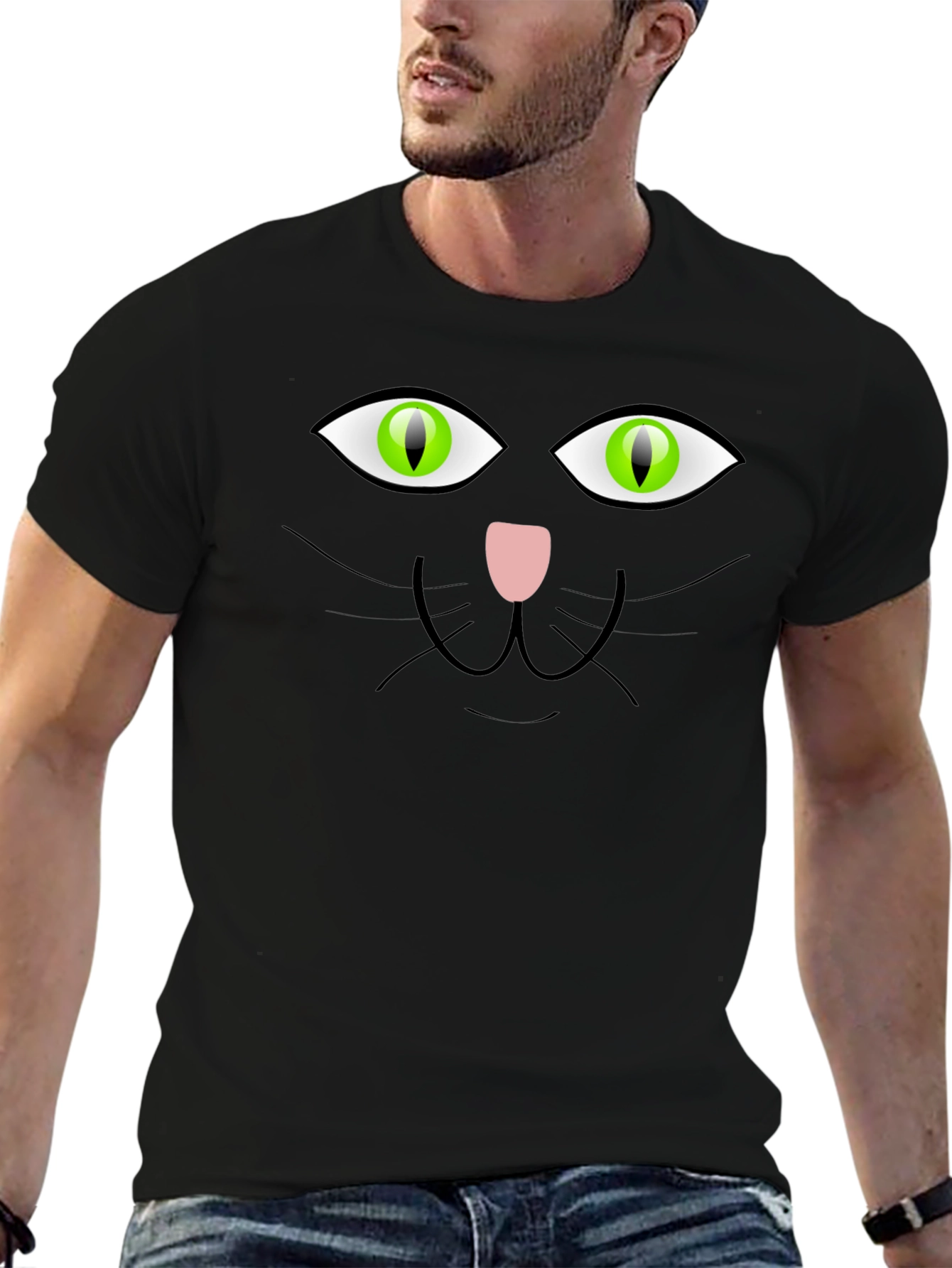 Mens Black Cat Face Graphic T-Shirt