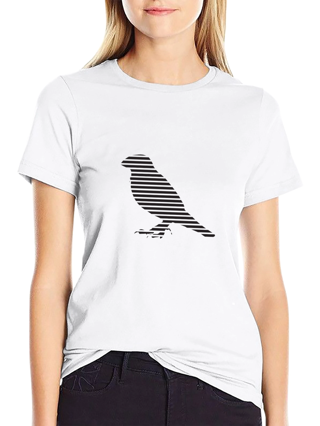 Stylish Striped Bird Silhouette Black Tee