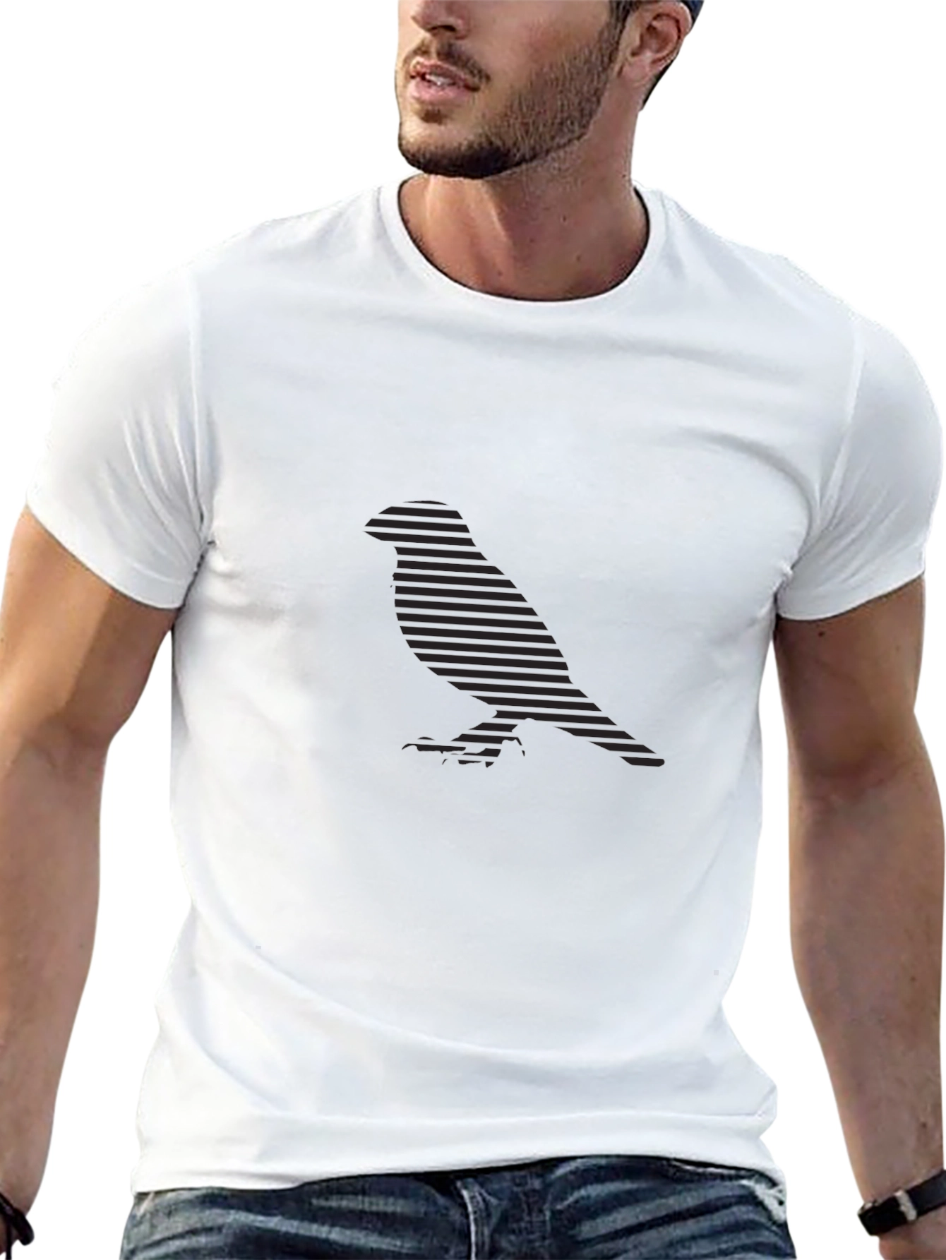 Stylish Striped Bird Silhouette Black Tee