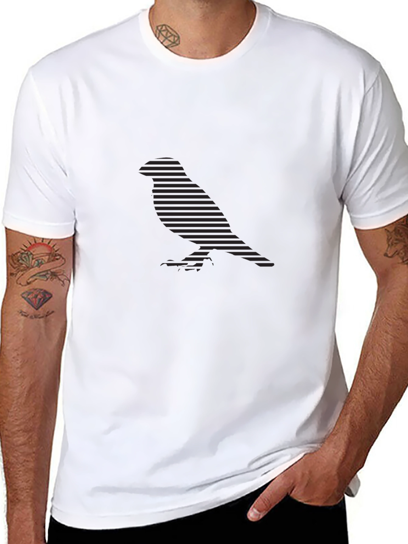 Stylish Striped Bird Silhouette Black Tee
