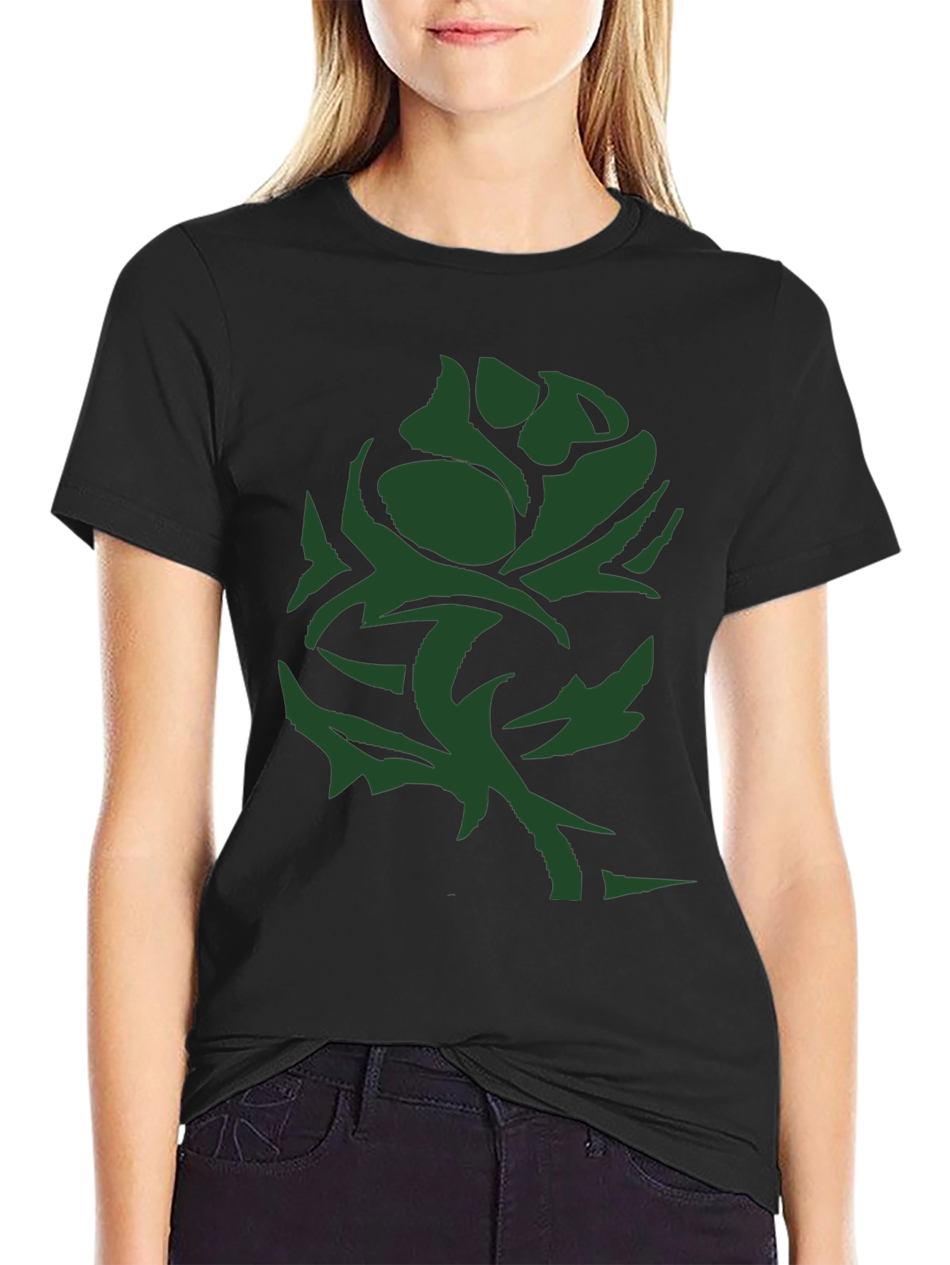 Green Rose Graphic Tee - Black Casual T-Shirt