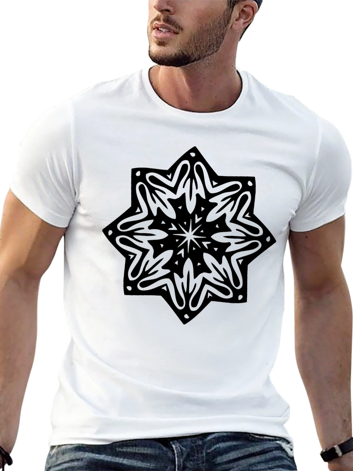 Black Tee with Geometric Mandala Print