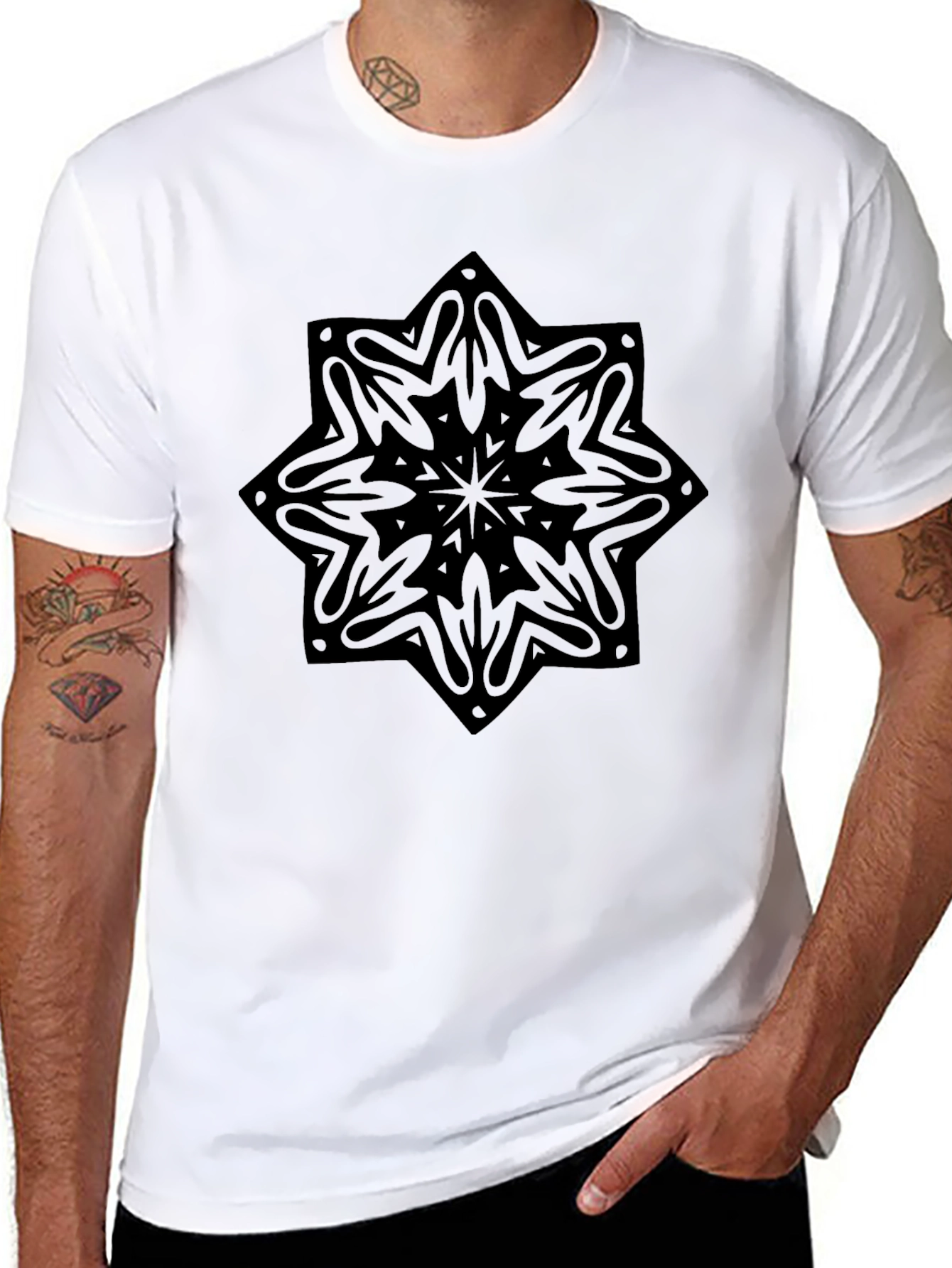 Black Tee with Geometric Mandala Print
