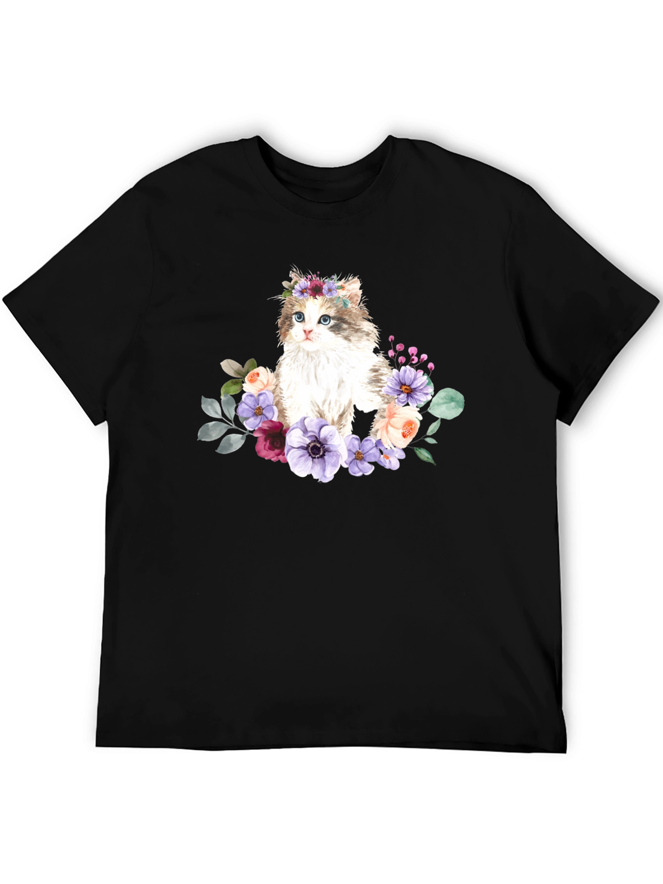 Floral Cat Graphic T-Shirt - Black
