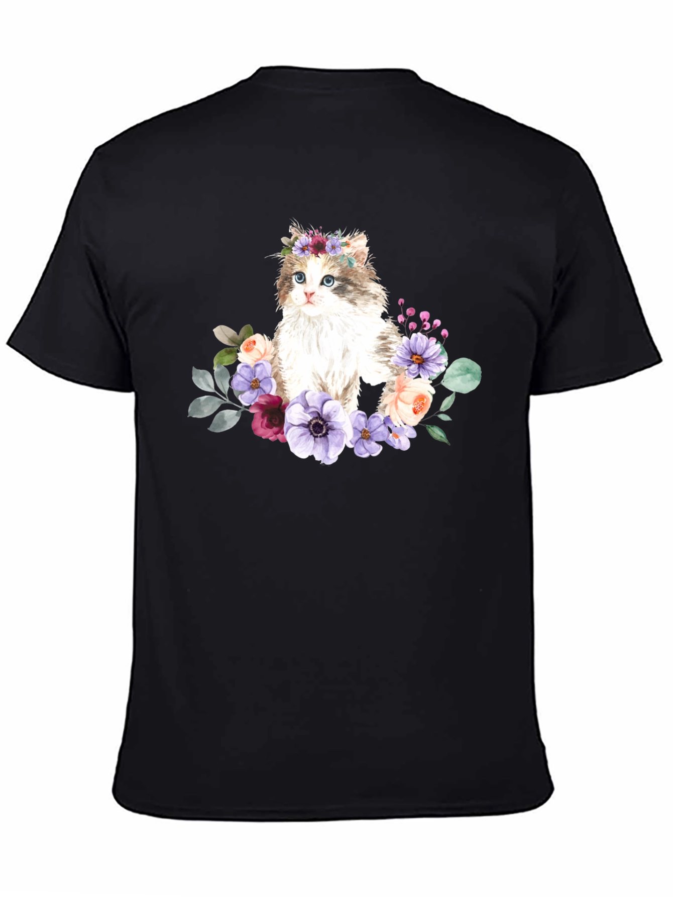 Floral Cat Graphic T-Shirt - Black