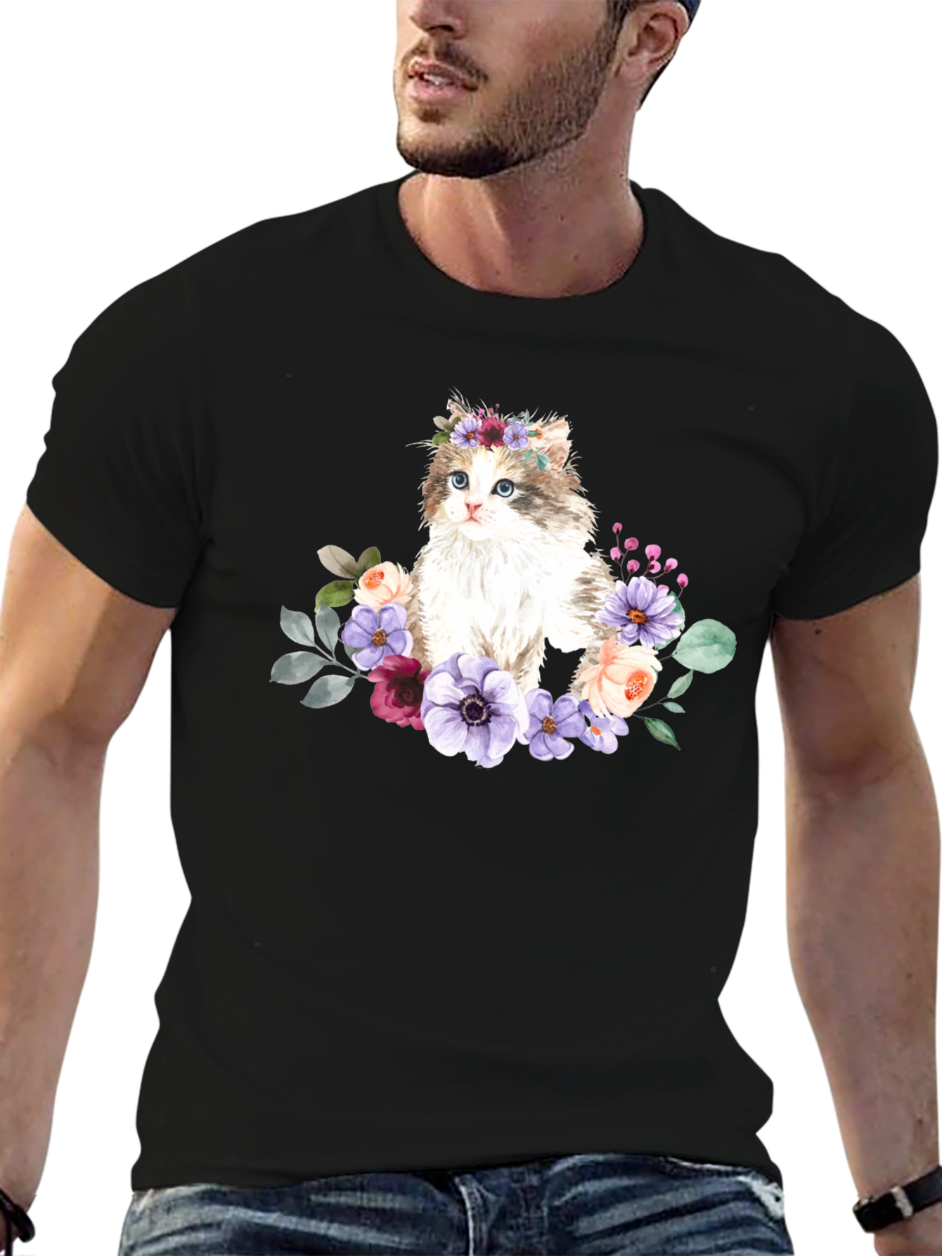 Floral Cat Graphic T-Shirt - Black