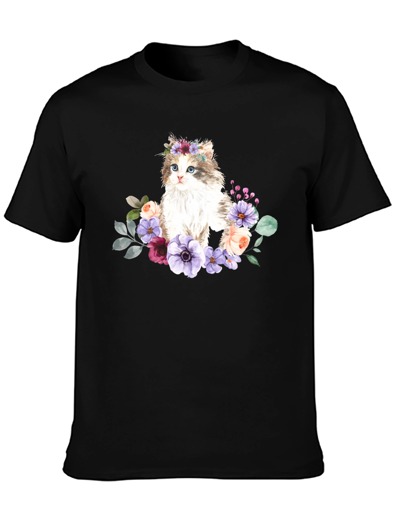 Floral Cat Graphic T-Shirt - Black