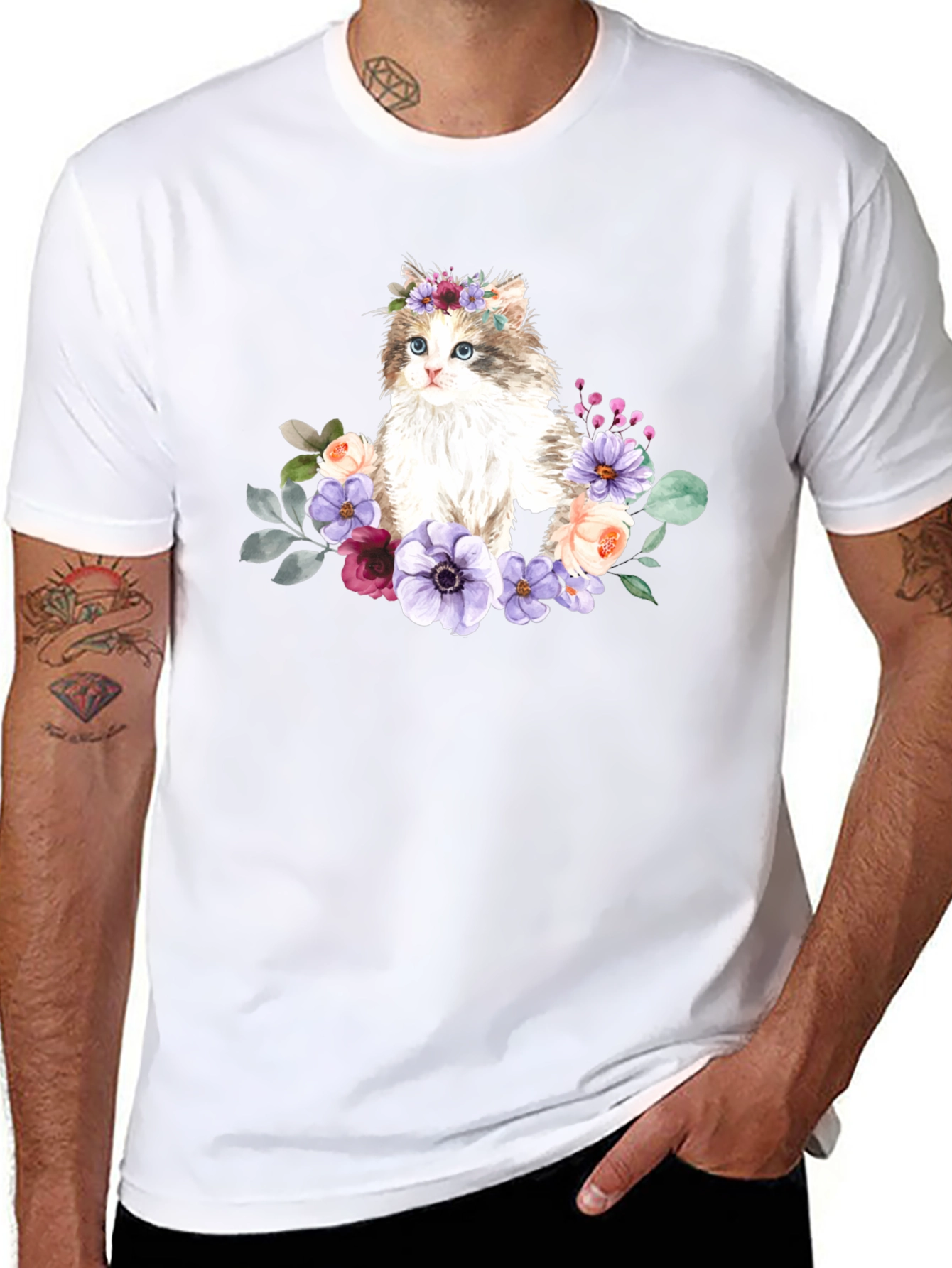 Floral Cat Graphic T-Shirt - Black