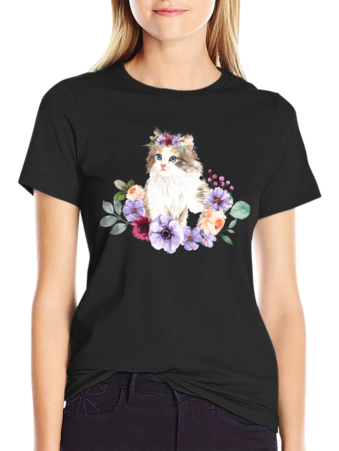 Floral Cat Graphic T-Shirt - Black