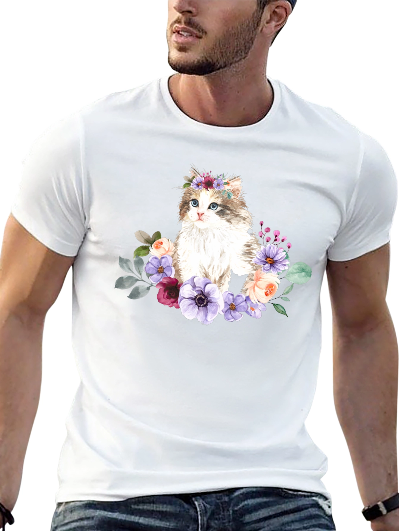 Floral Cat Graphic T-Shirt - Black