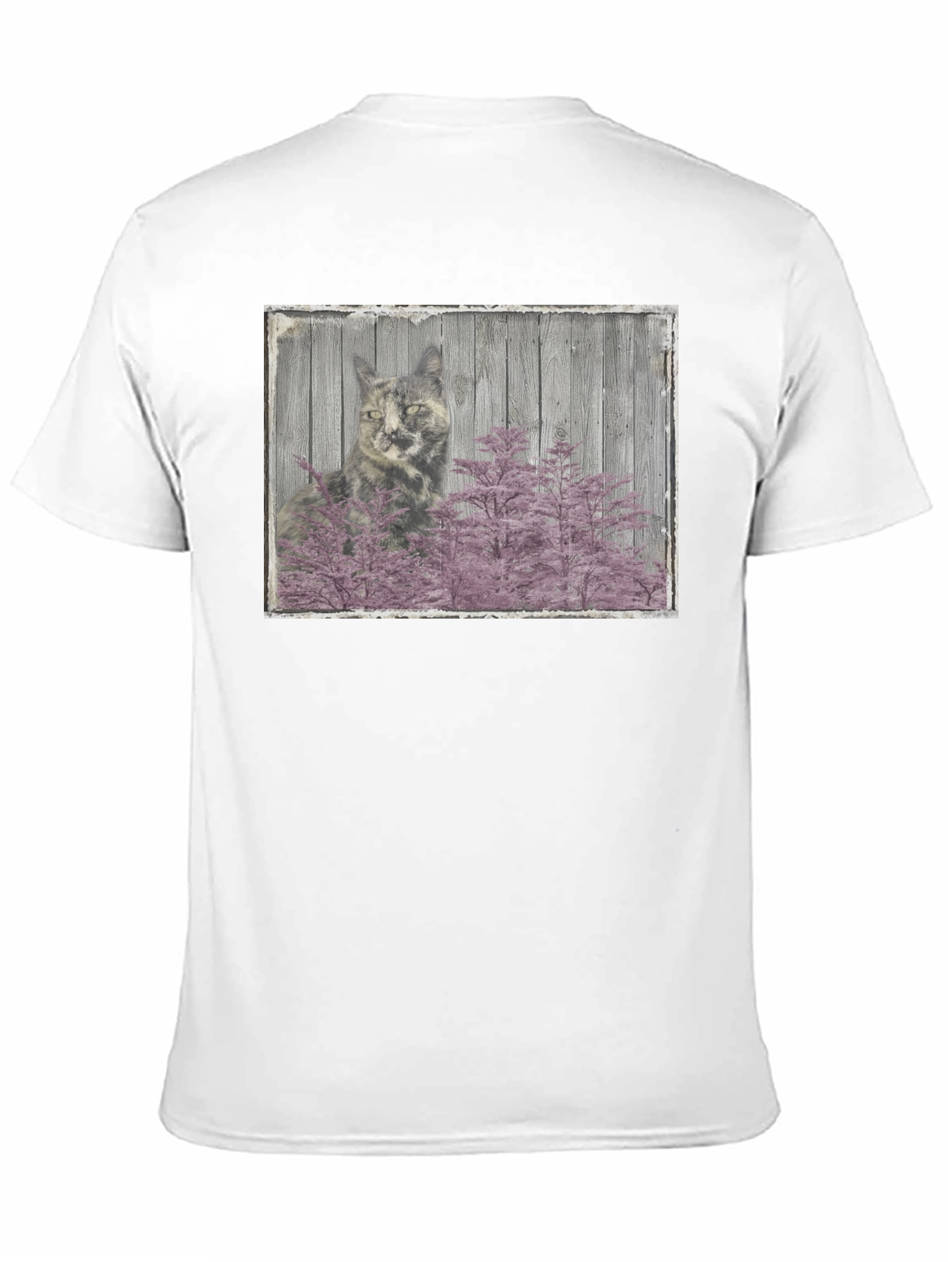 Cat and Pink Tree Graphic Black T-Shirt