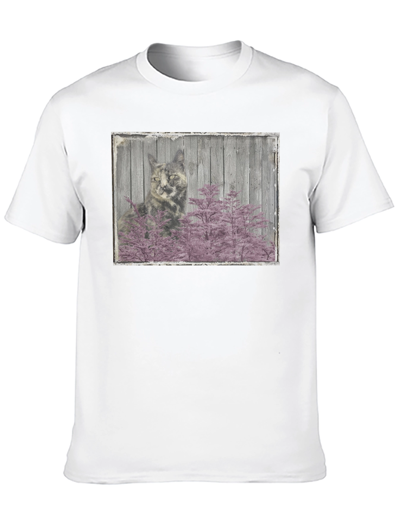 Cat and Pink Tree Graphic Black T-Shirt