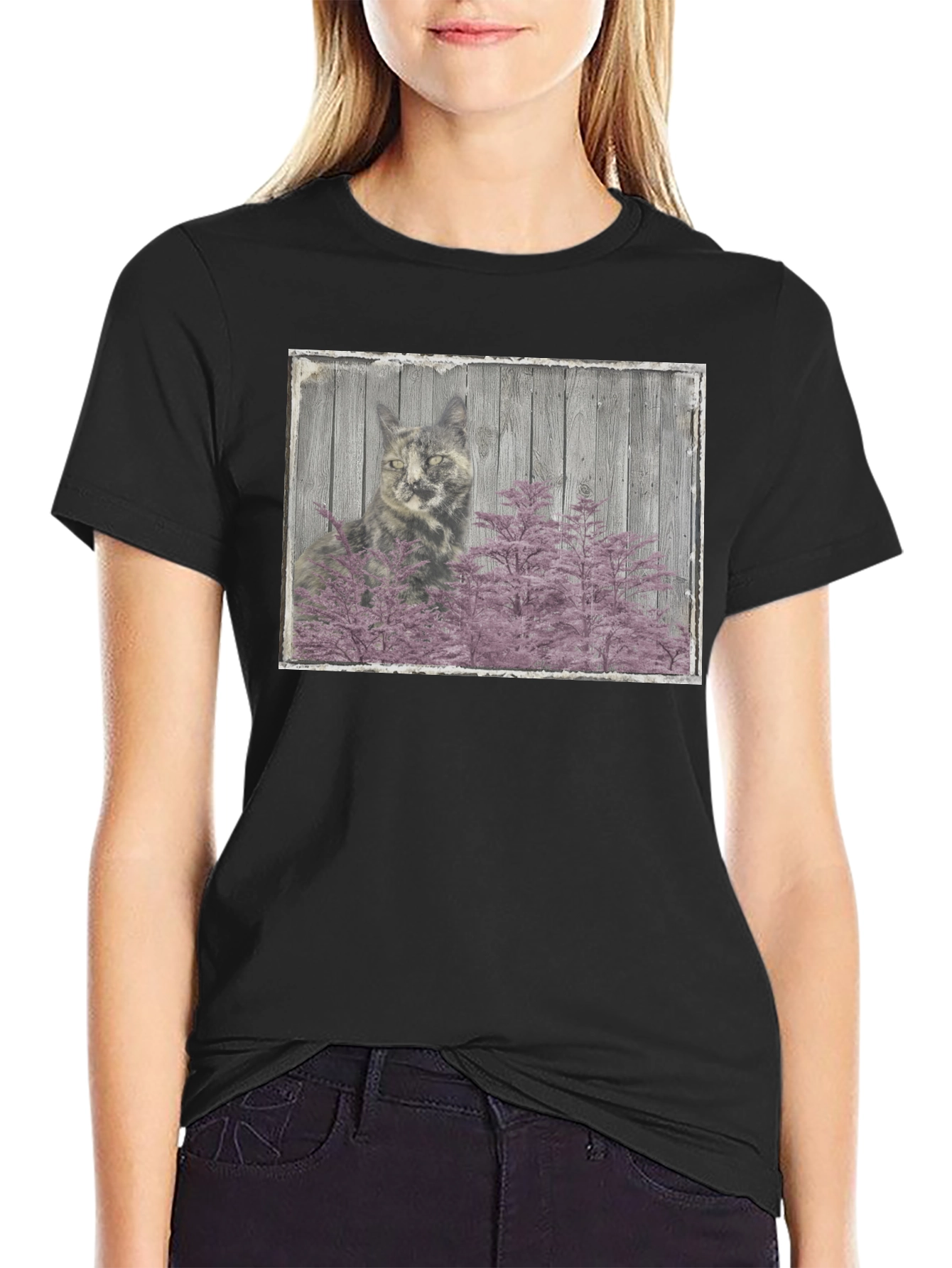 Cat and Pink Tree Graphic Black T-Shirt