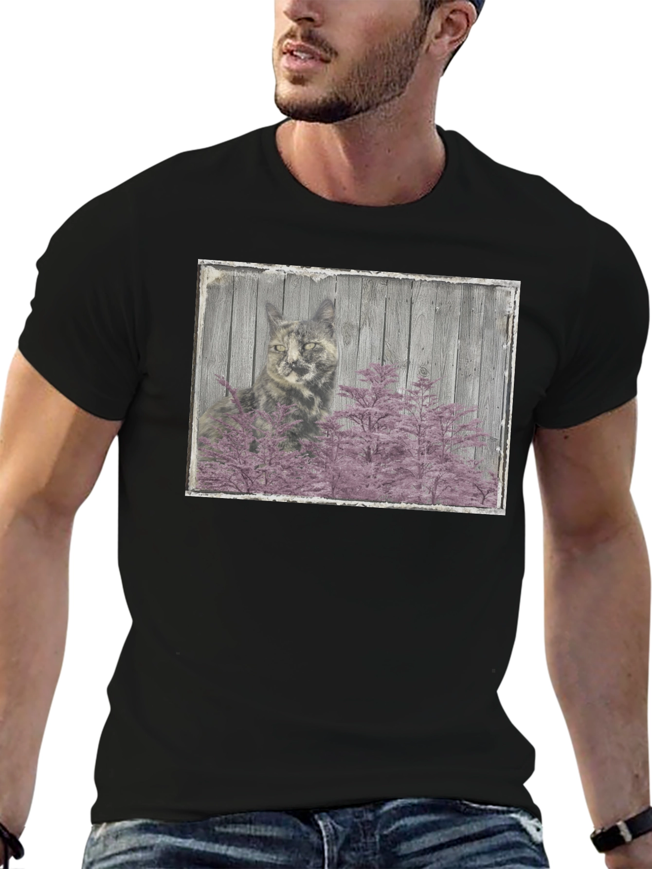 Cat and Pink Tree Graphic Black T-Shirt