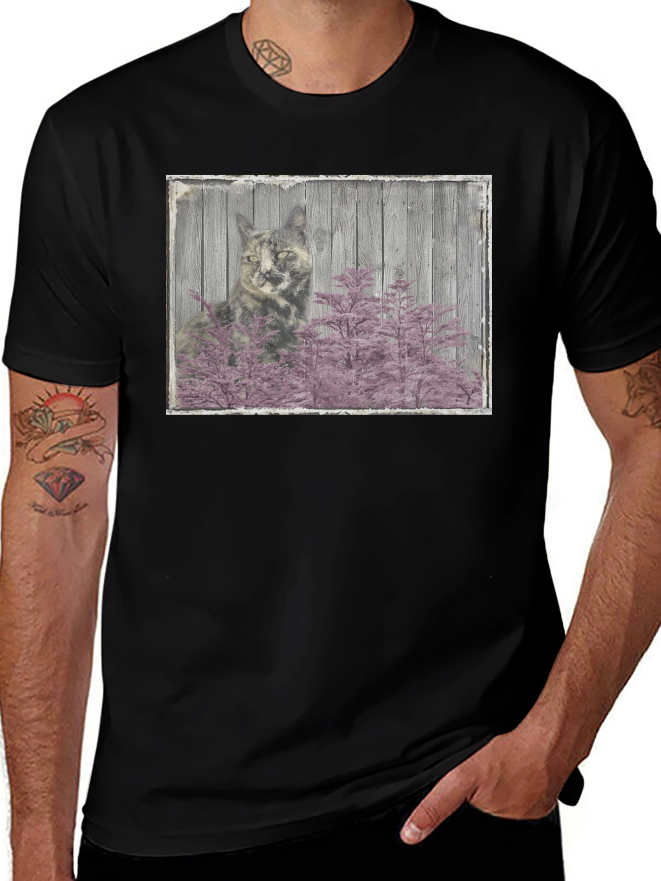 Cat and Pink Tree Graphic Black T-Shirt