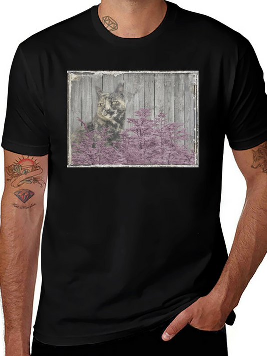Cat and Pink Tree Graphic Black T-Shirt