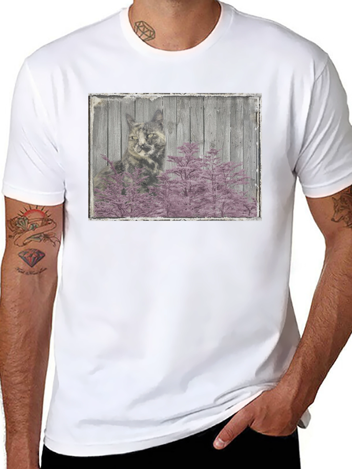 Cat and Pink Tree Graphic Black T-Shirt