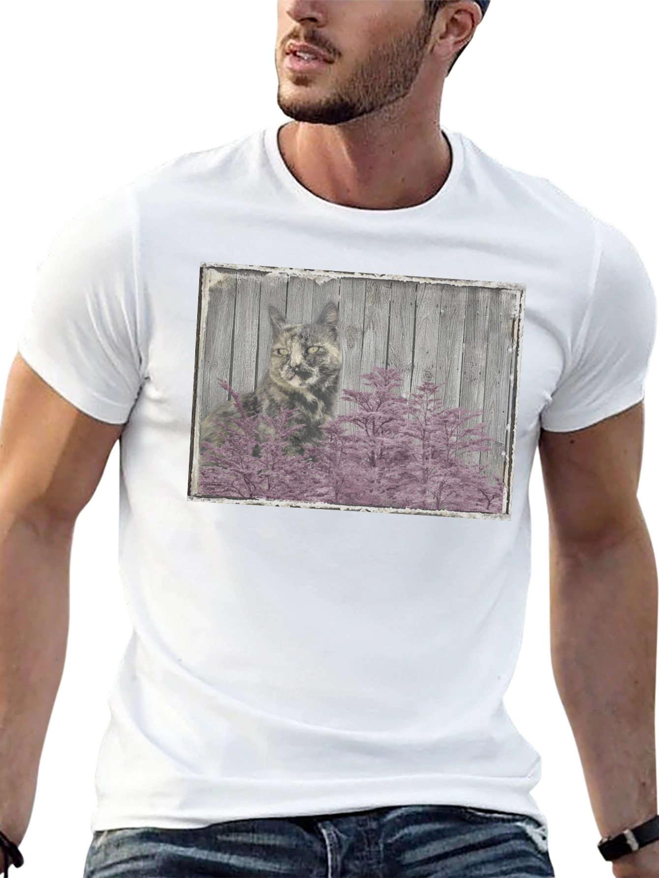 Cat and Pink Tree Graphic Black T-Shirt