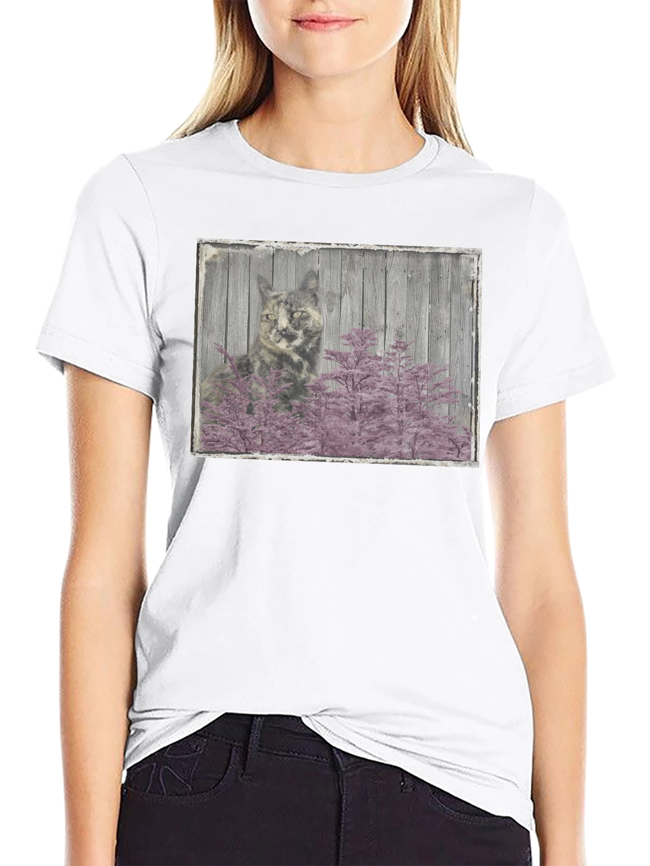 Cat and Pink Tree Graphic Black T-Shirt