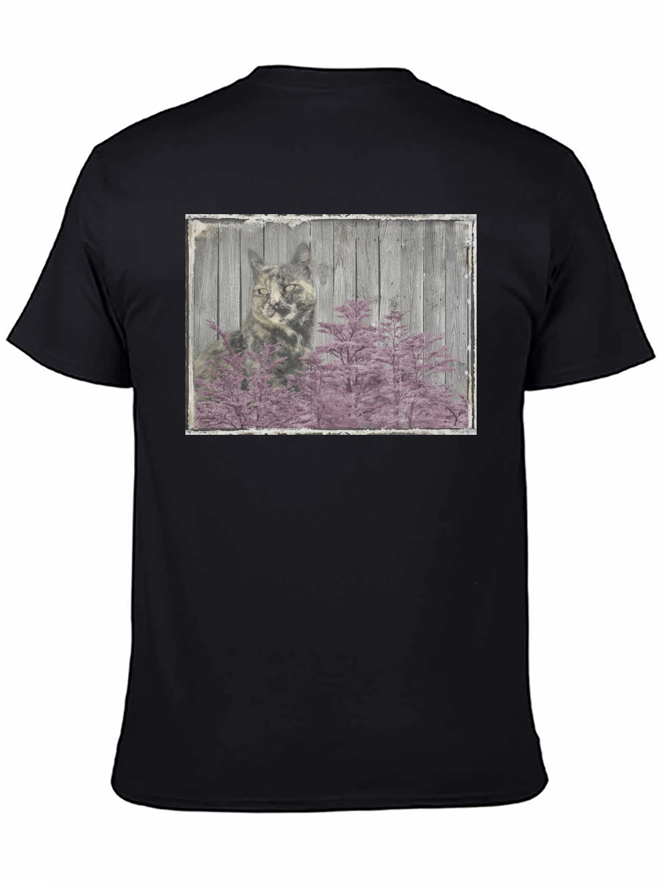 Cat and Pink Tree Graphic Black T-Shirt