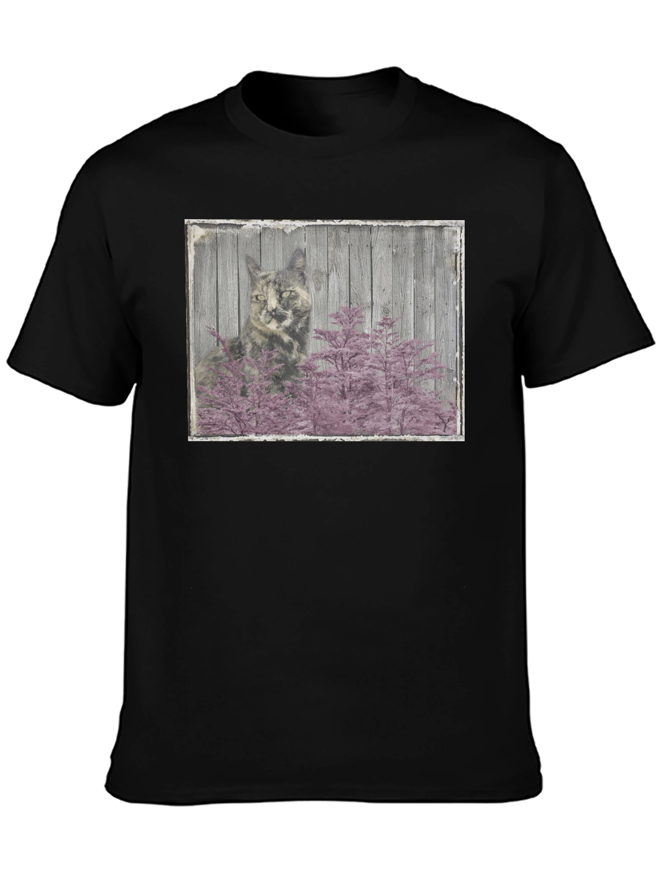 Cat and Pink Tree Graphic Black T-Shirt