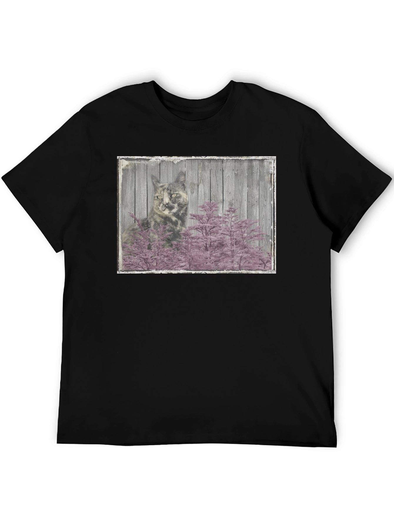 Cat and Pink Tree Graphic Black T-Shirt