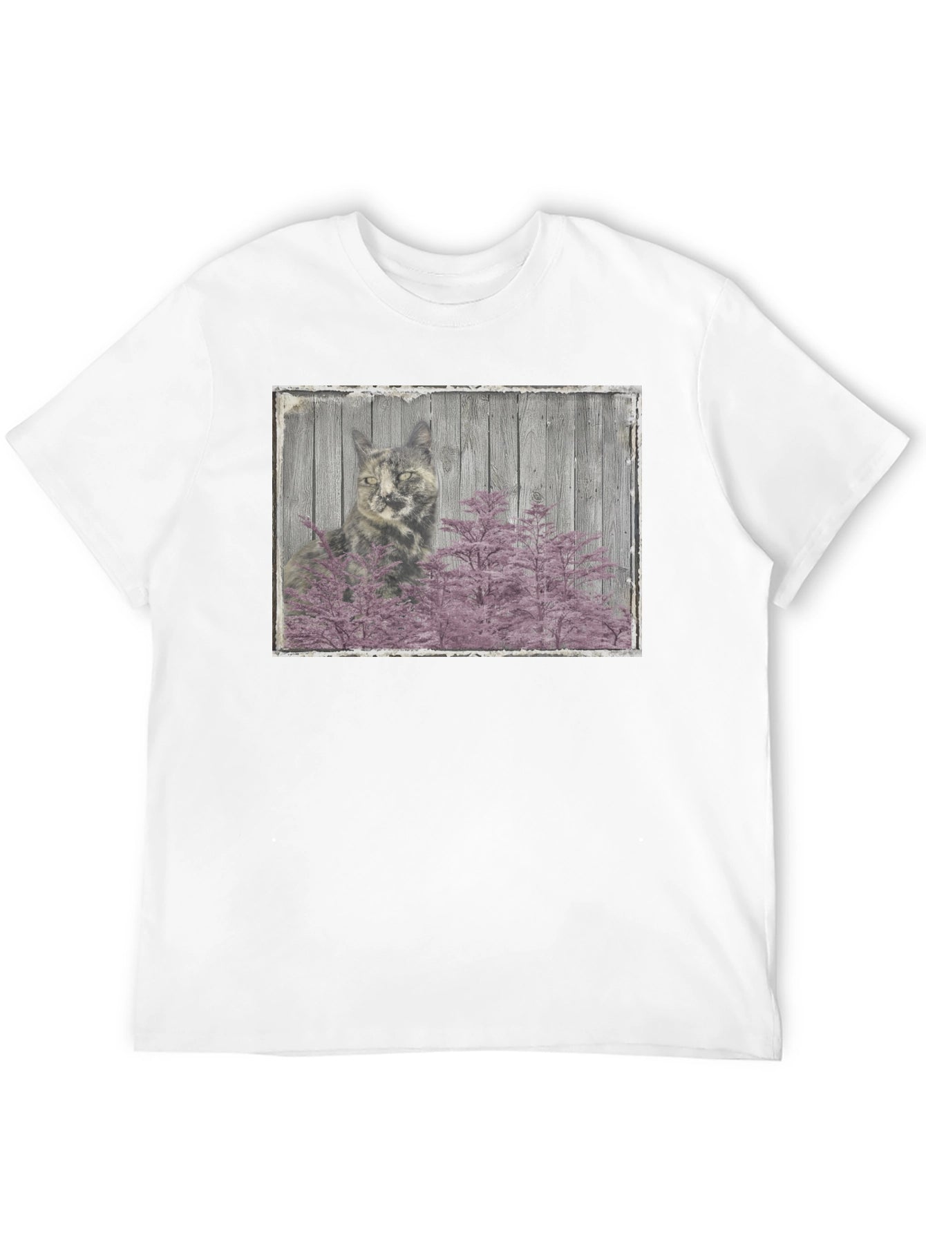 Cat and Pink Tree Graphic Black T-Shirt