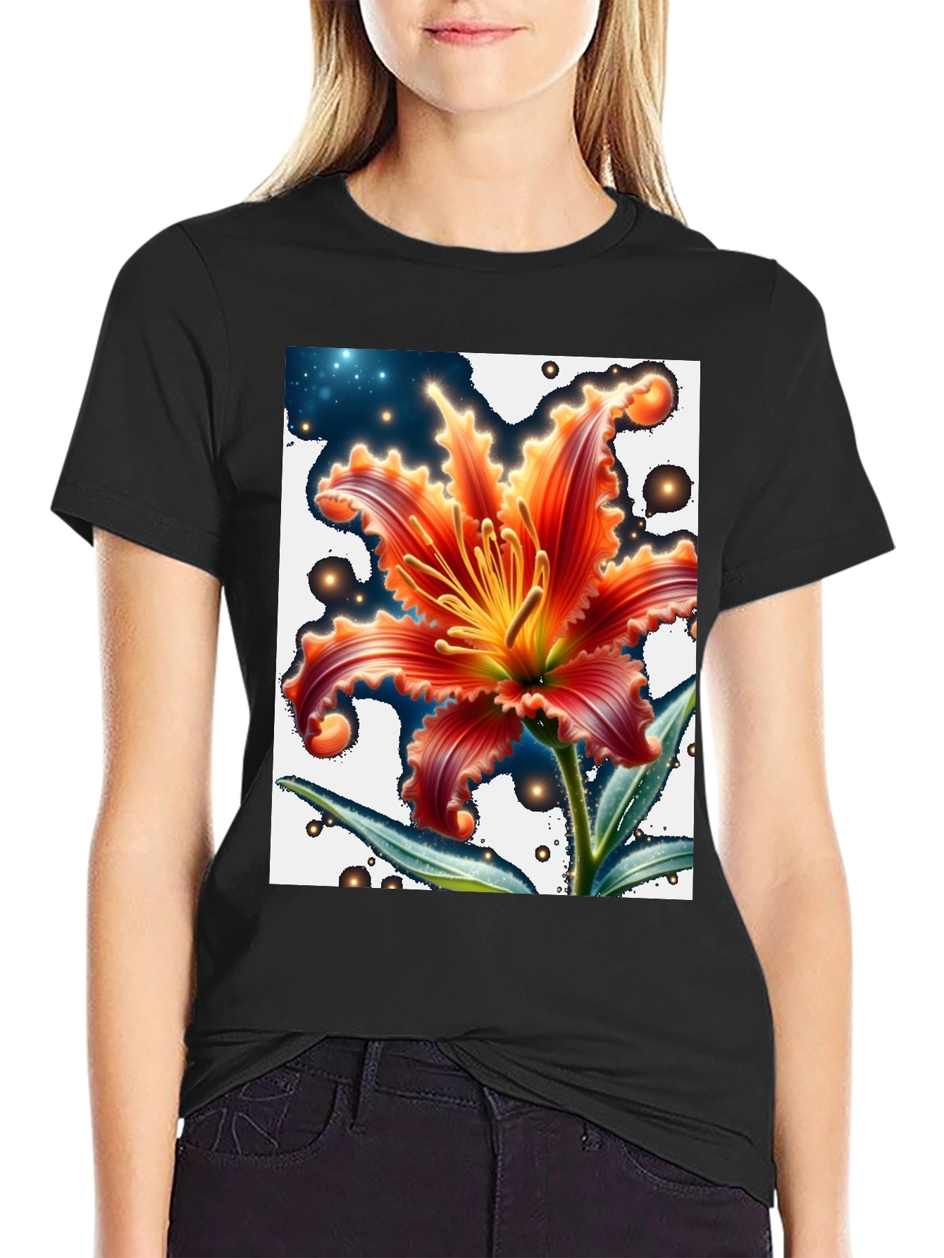 Floral Graphic T-Shirt - Black Cotton Blend
