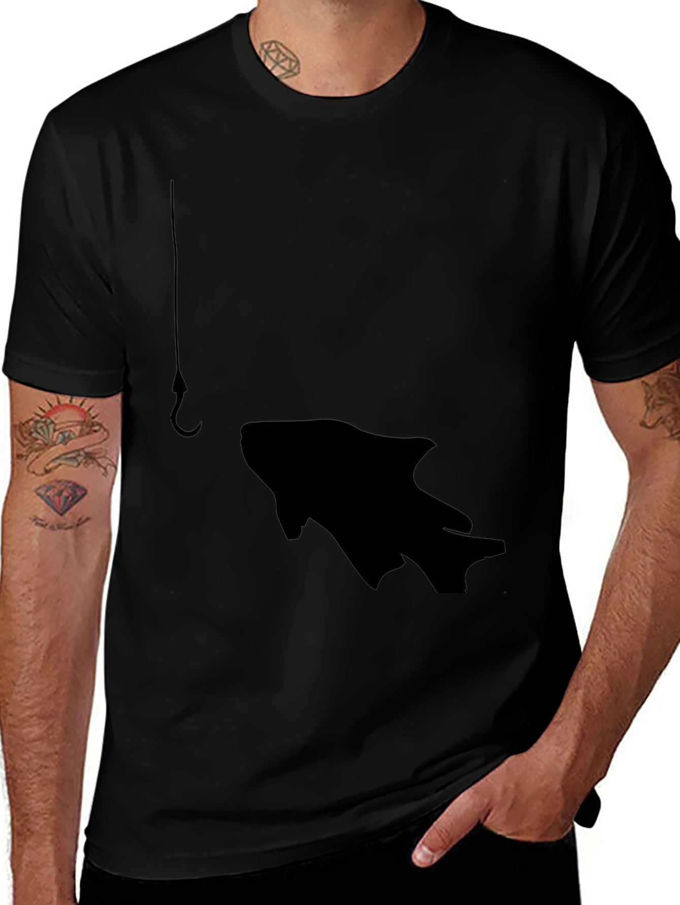 Fishing Hook Fish Graphic Tee - Black