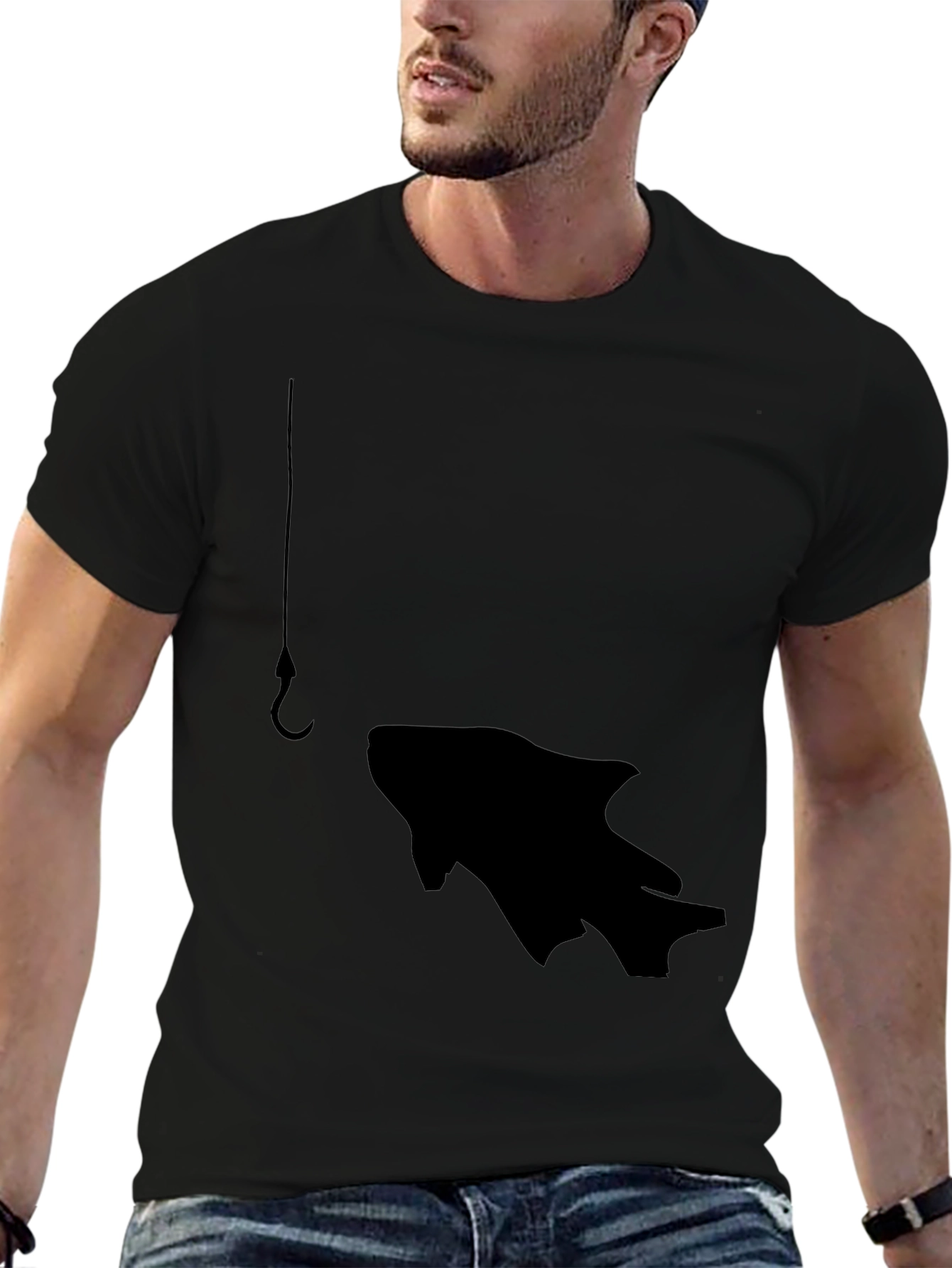 Fishing Hook Fish Graphic Tee - Black