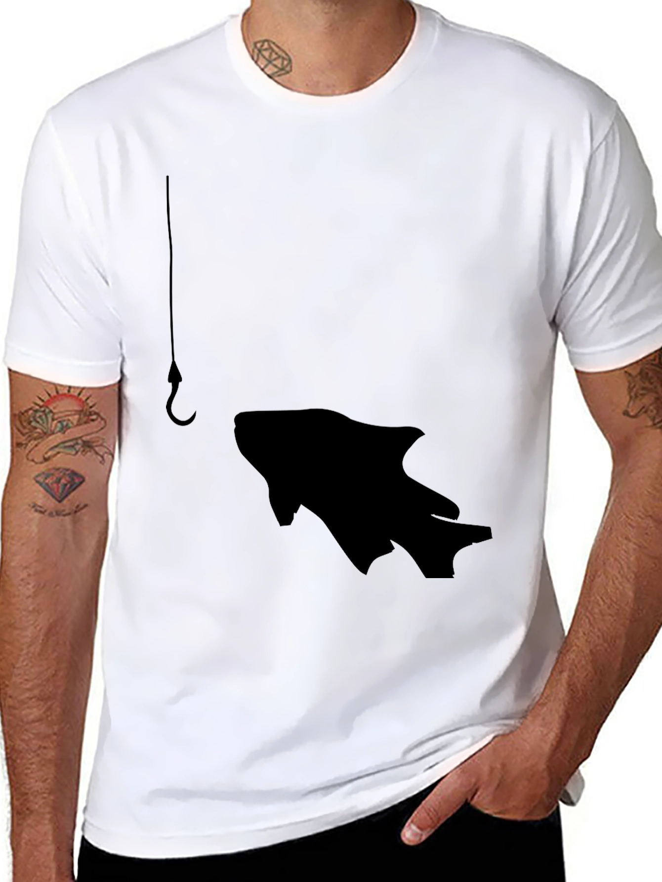 Fishing Hook Fish Graphic Tee - Black