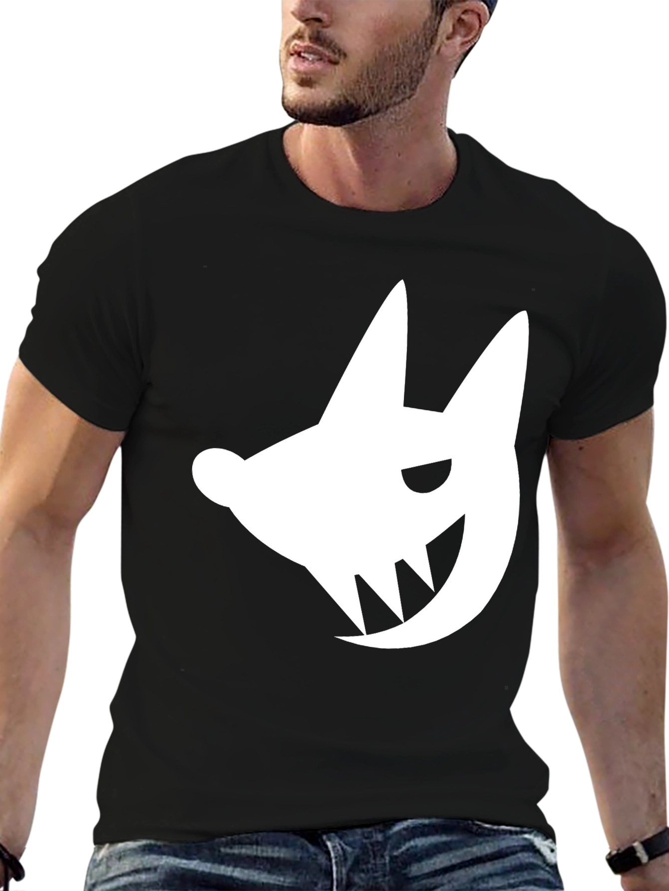Edgy White Fanged Creature Graphic Black T-Shirt