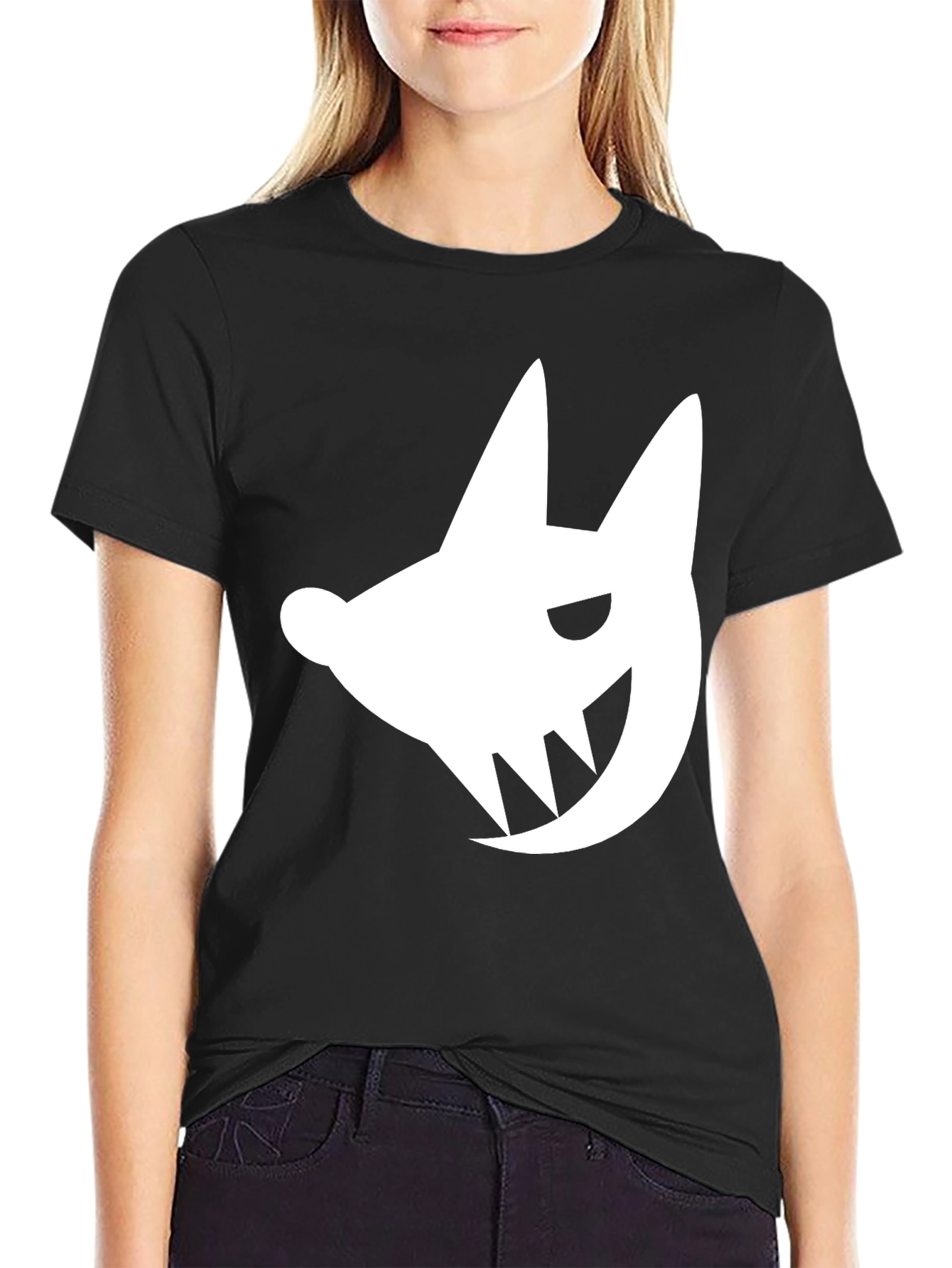 Edgy White Fanged Creature Graphic Black T-Shirt