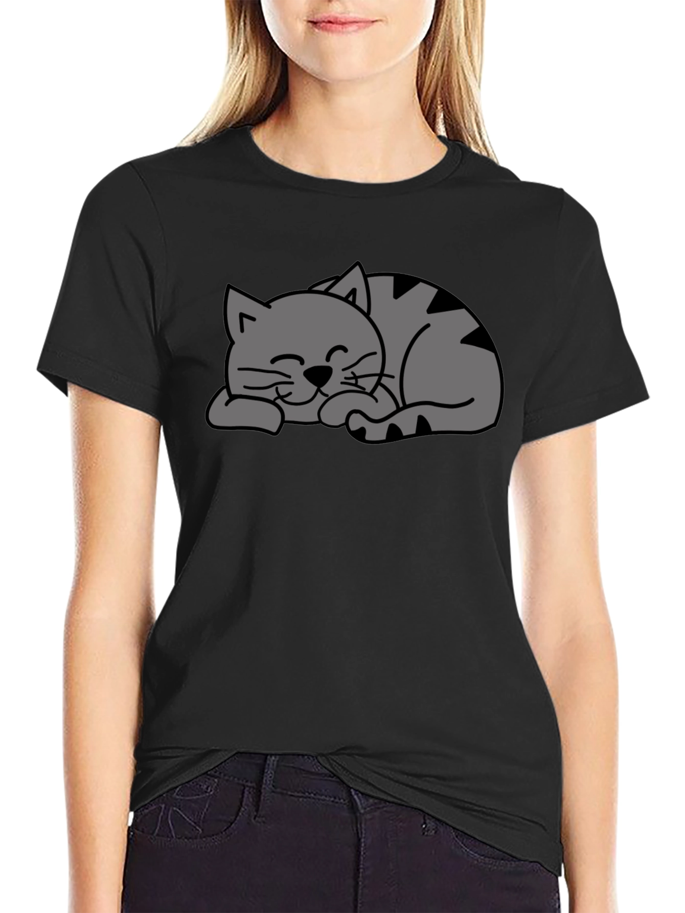 Cute Sleeping Cat Graphic Black T-Shirt