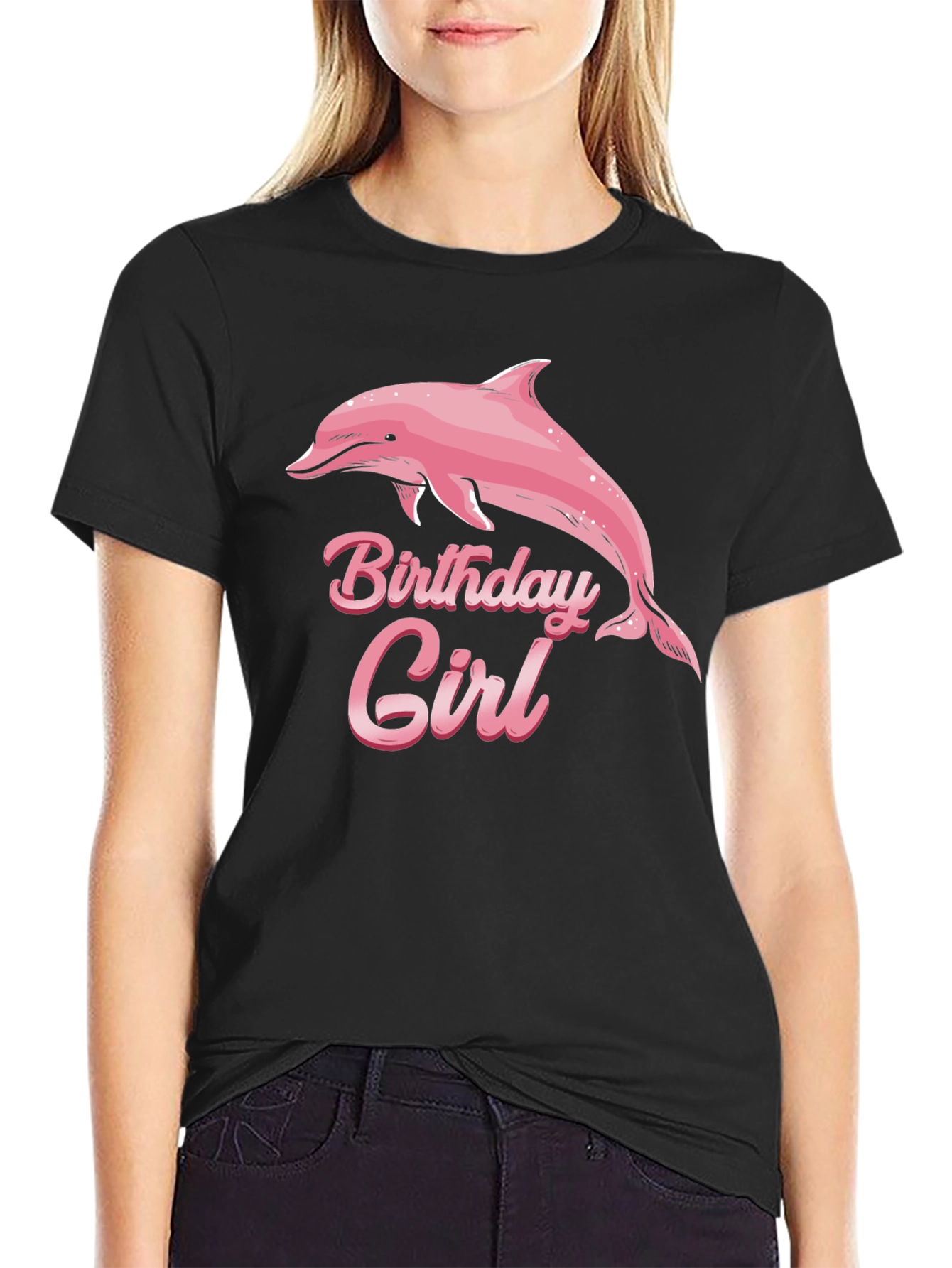 Birthday Girl Dolphin Graphic Black Tee