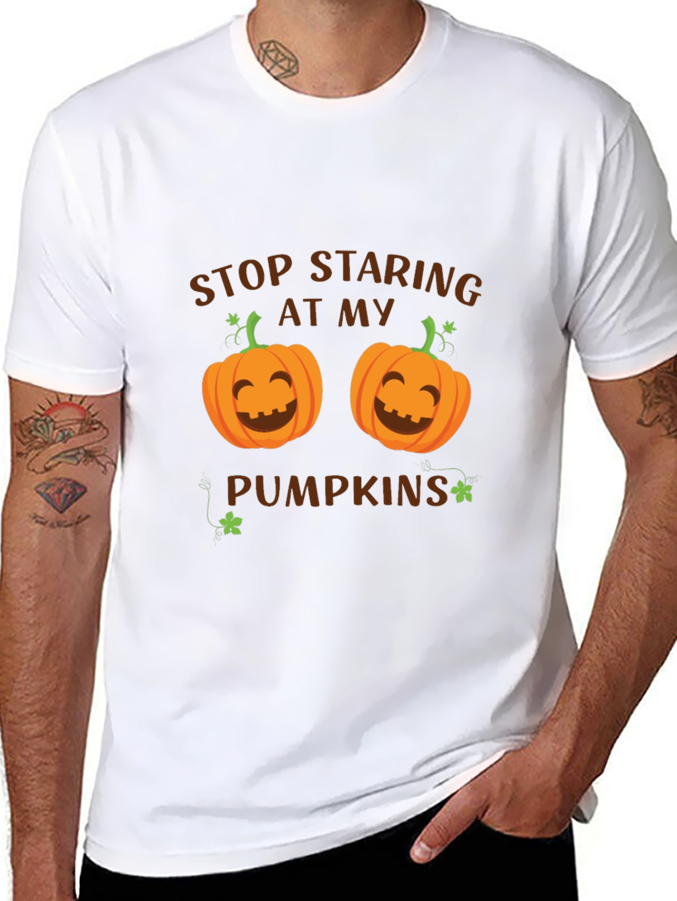 Stop Staring At My Pumpkins T-Shirt Halloween