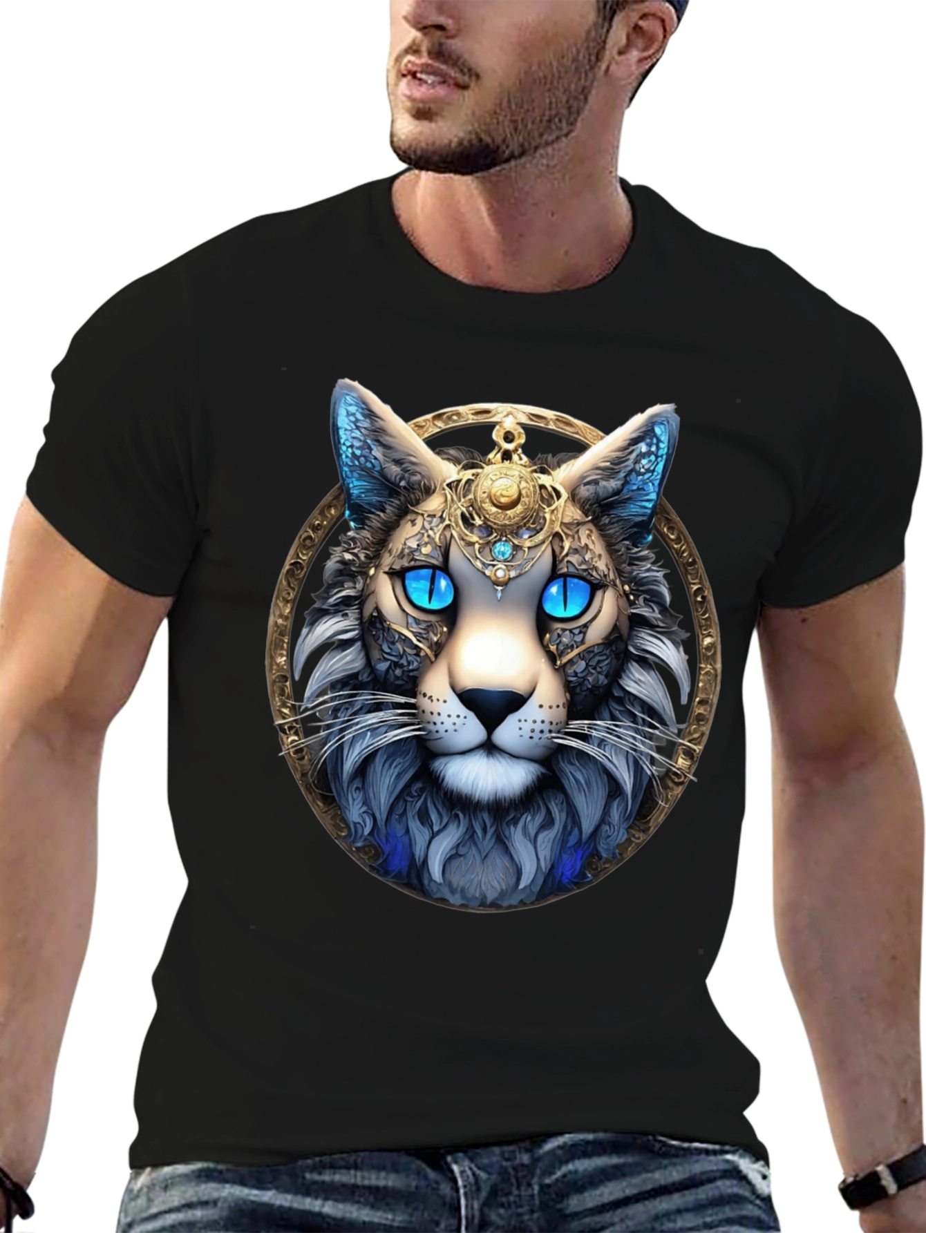 Mystic Cat Graphic Tee - Black Cotton T-Shirt