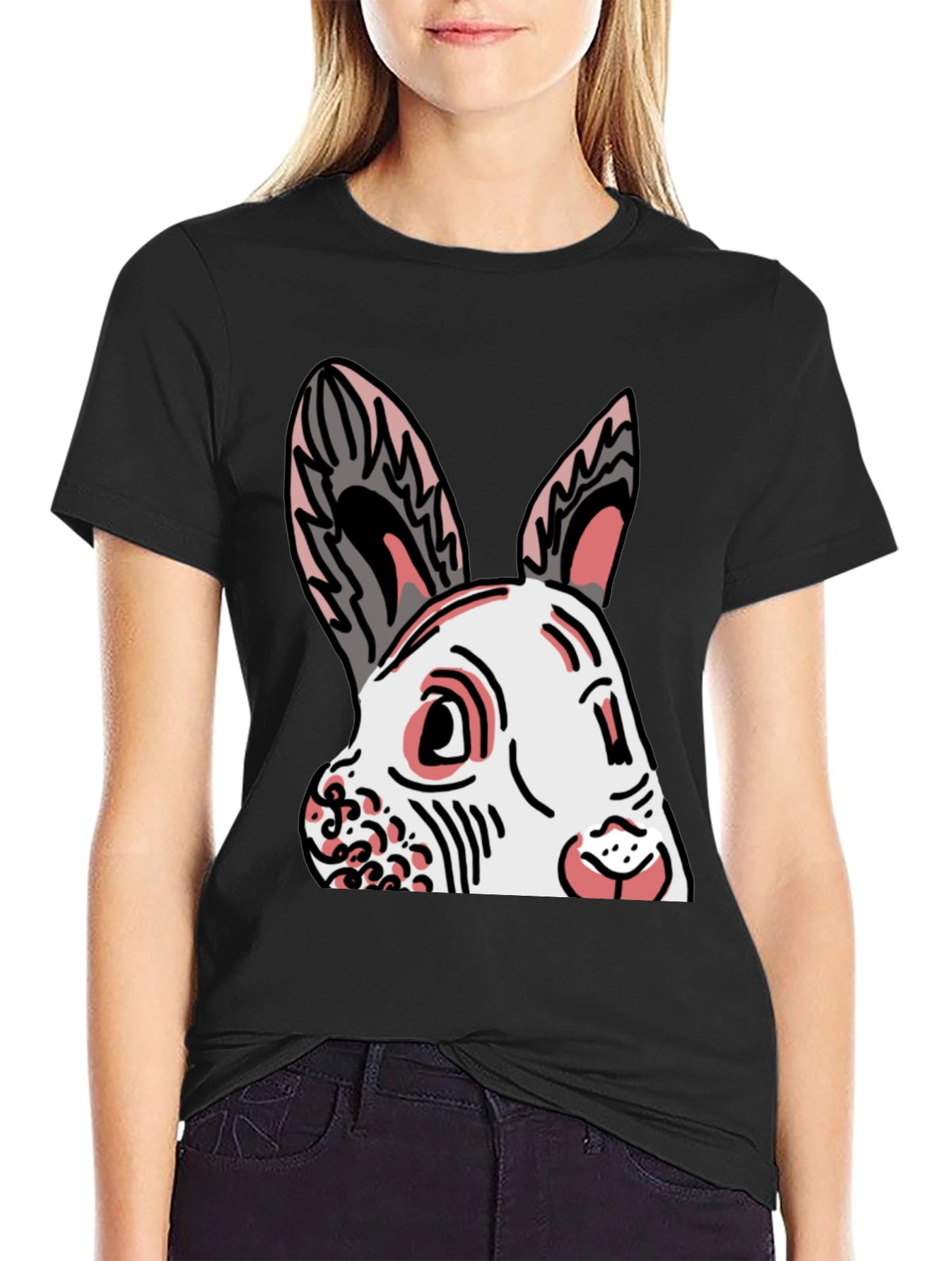 Bunny Graphic Tee - Black Cotton Blend Shirt