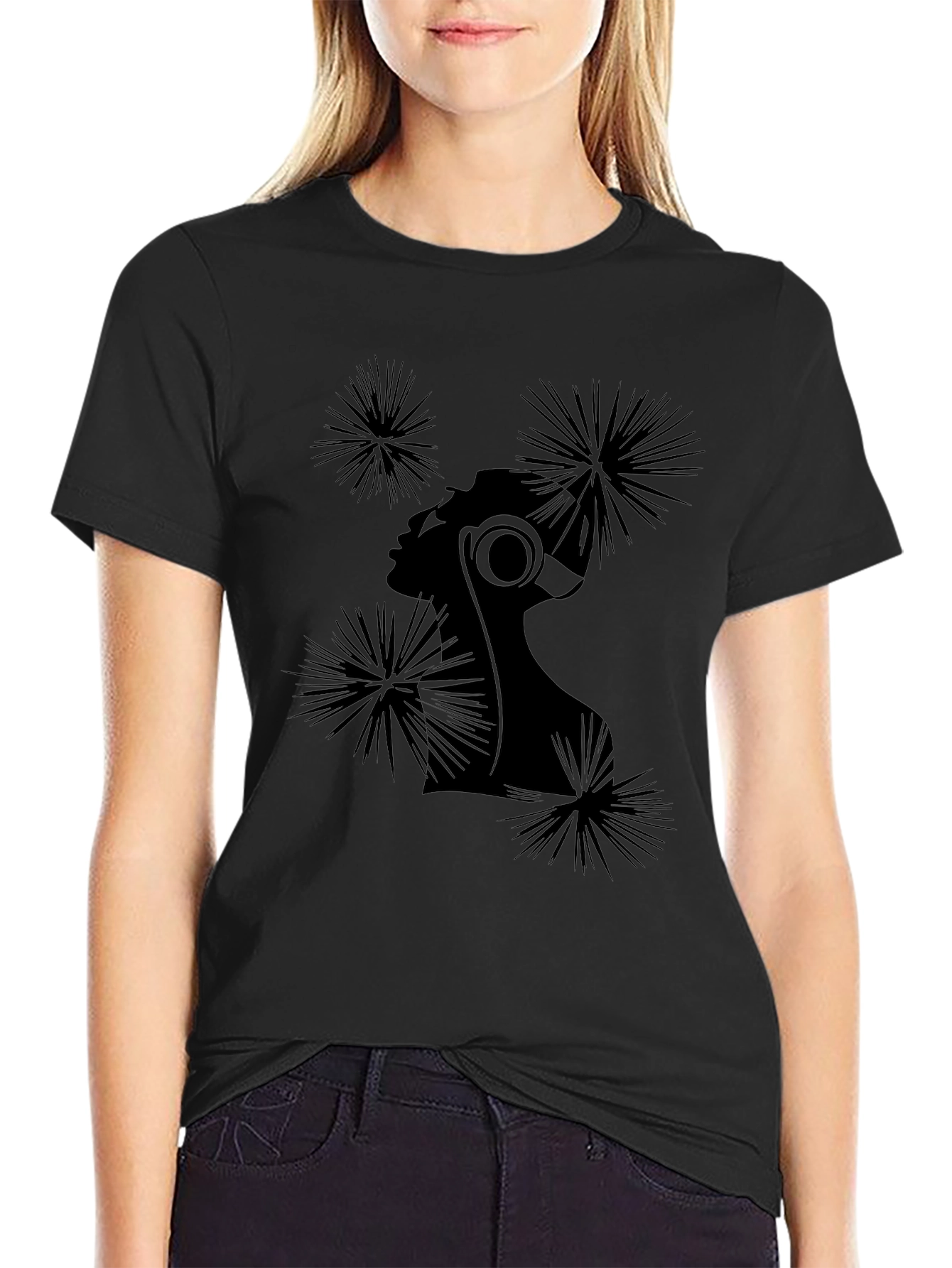 Stylish Black T-Shirt with Abstract Woman Design