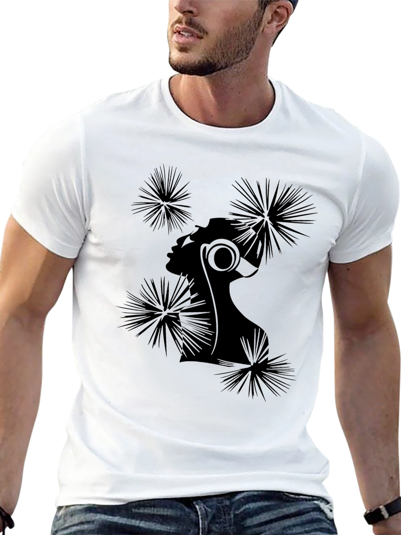 Stylish Black T-Shirt with Abstract Woman Design