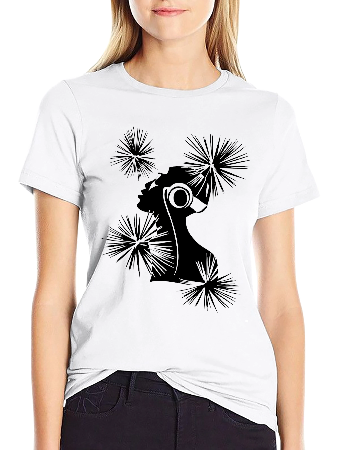 Stylish Black T-Shirt with Abstract Woman Design