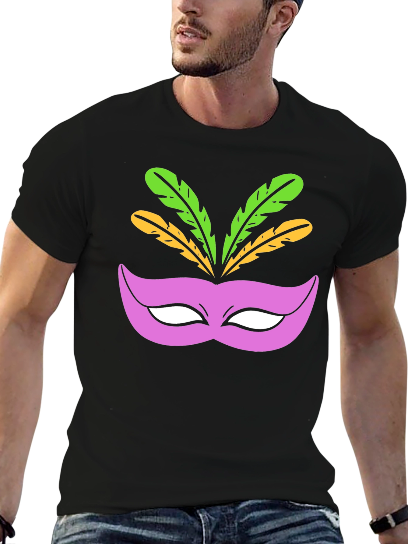 Mardi Gras Mask Graphic Tee - Black Cotton T-Shirt