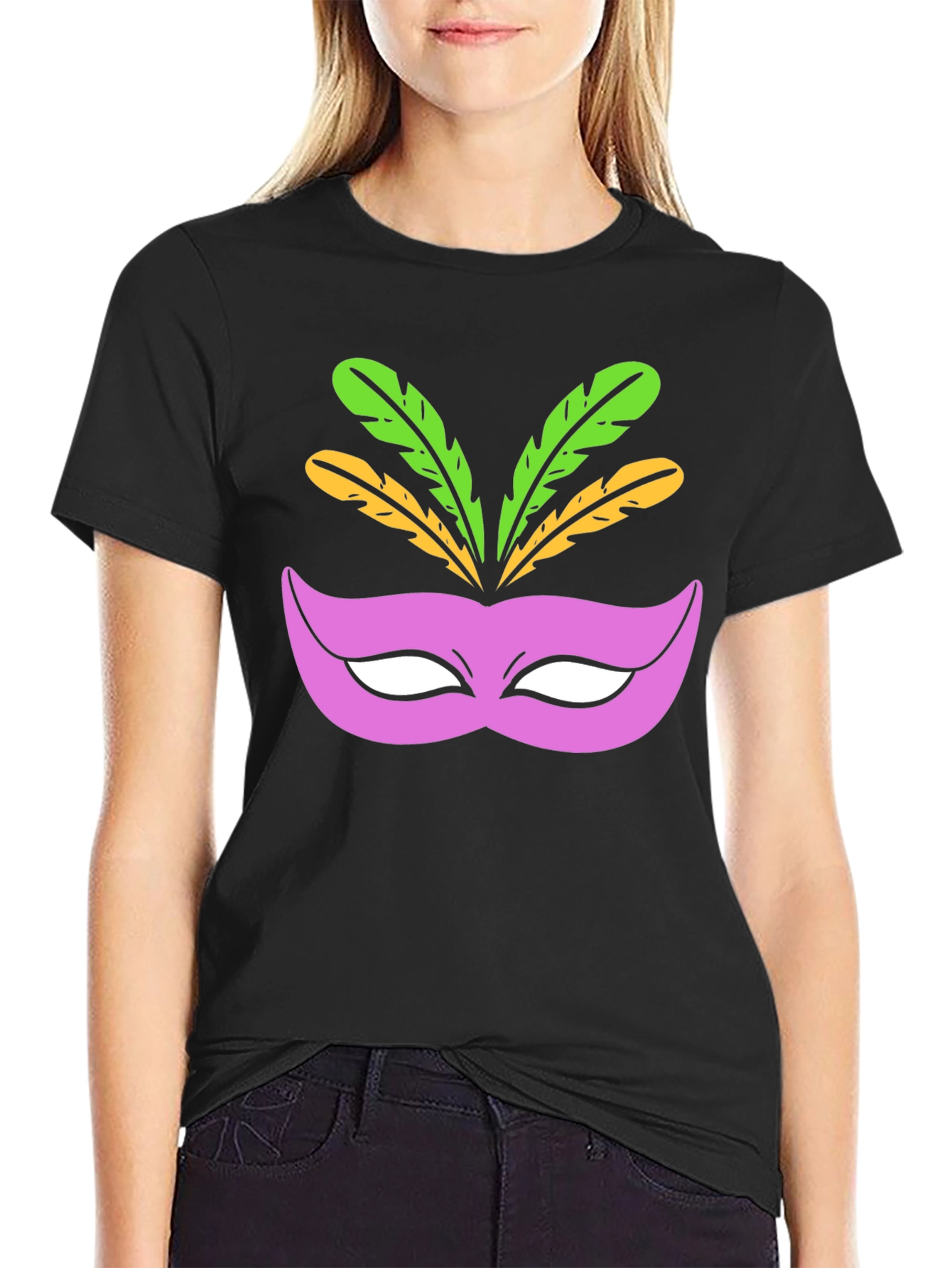 Mardi Gras Mask Graphic Tee - Black Cotton T-Shirt