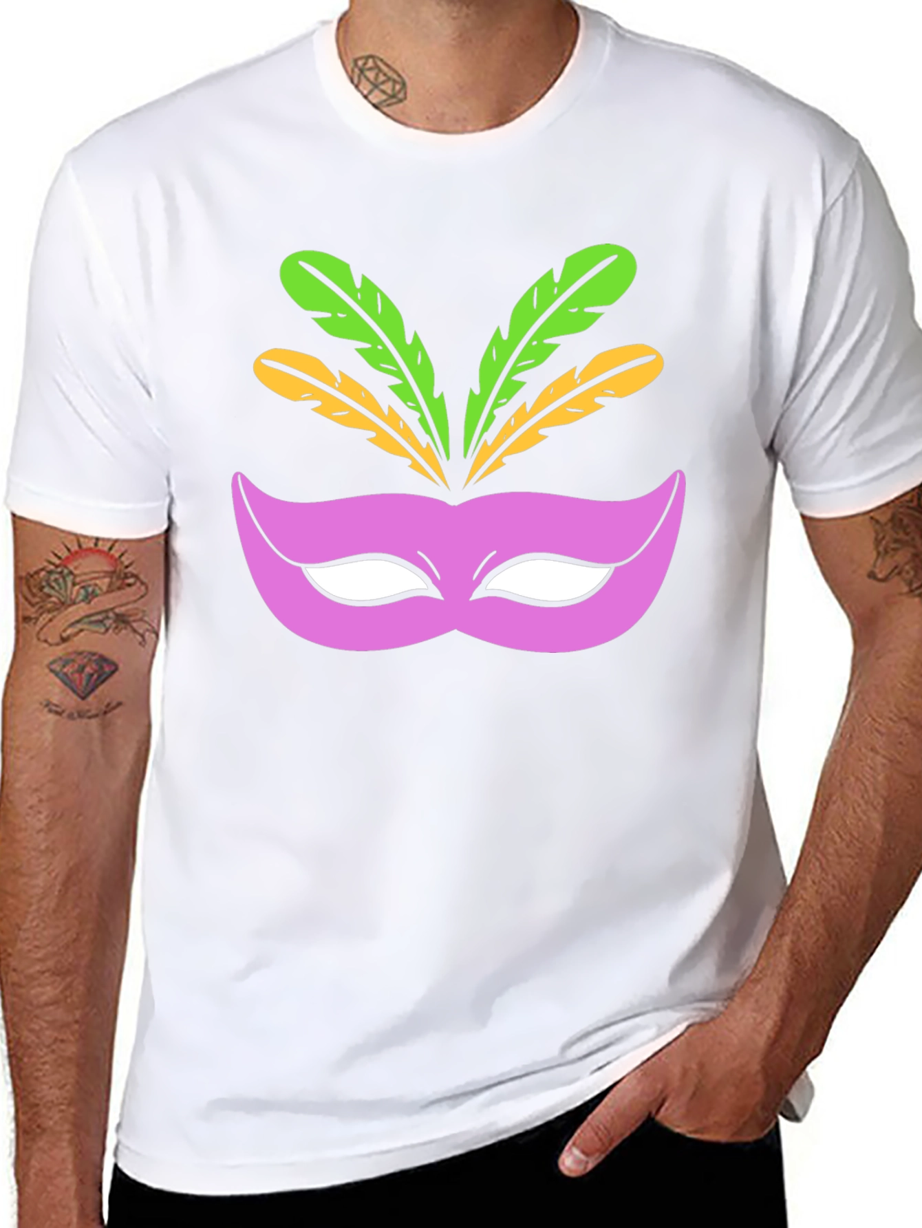 Mardi Gras Mask Graphic Tee - Black Cotton T-Shirt