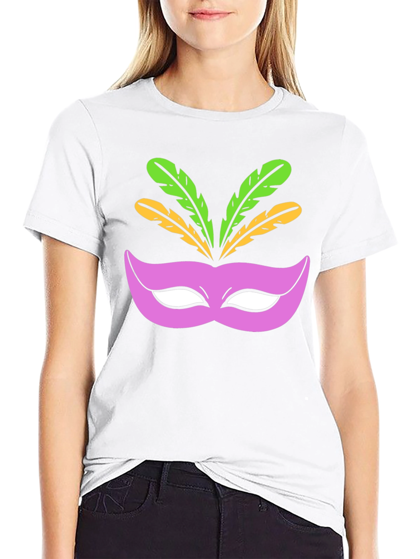 Mardi Gras Mask Graphic Tee - Black Cotton T-Shirt