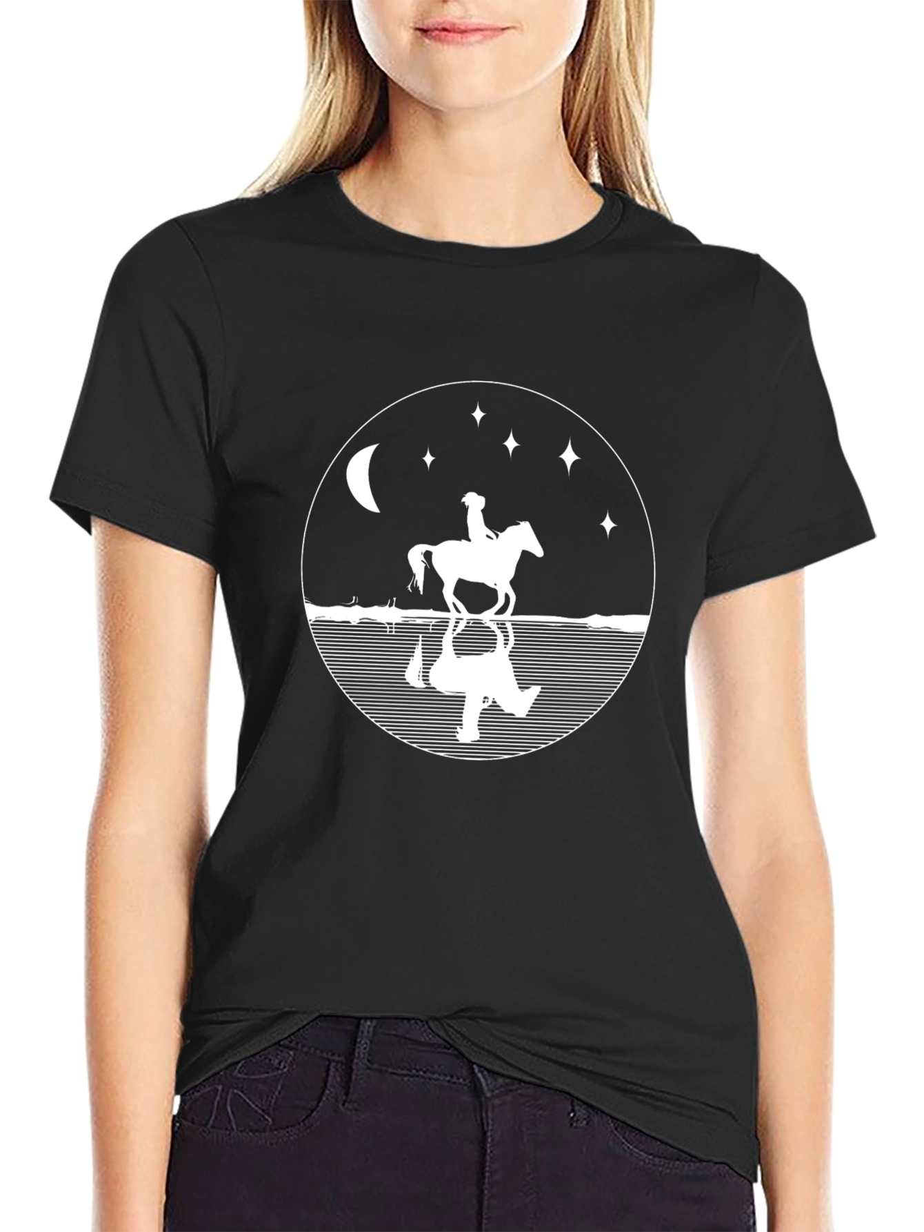 Equestrian Moon Reflection Graphic Tee - Black