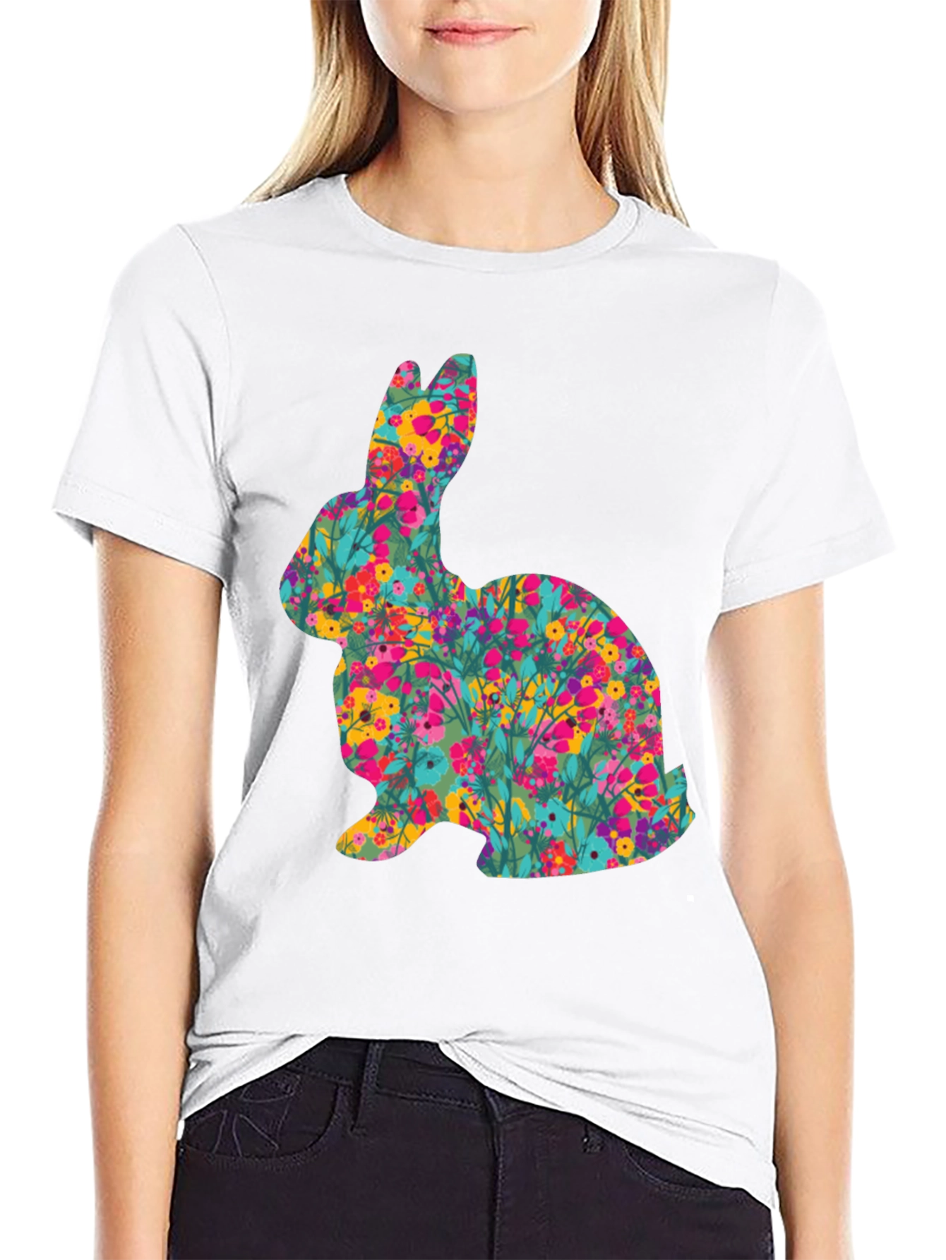 Floral Easter Bunny Black T-Shirt